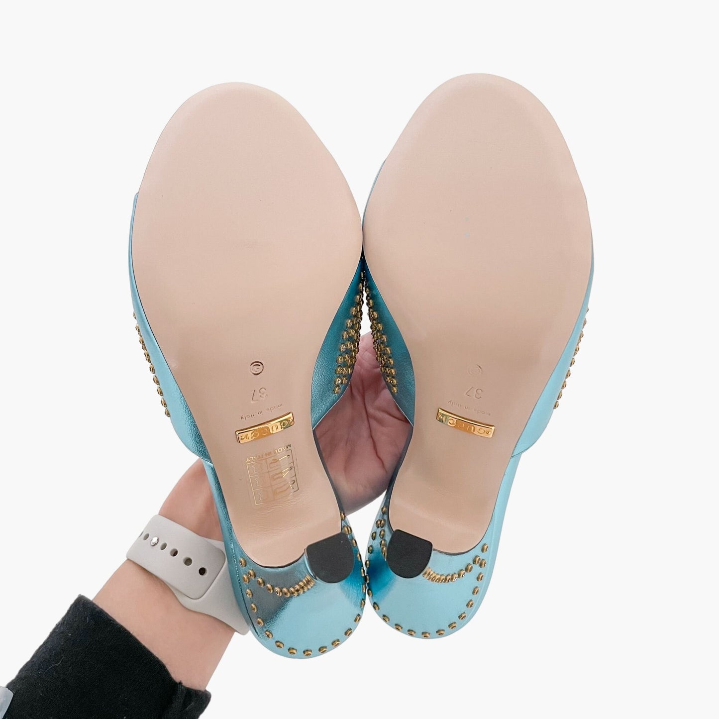 Gucci Fedra Crystal-Embellished Mules in Cielo (Metallic Blue) Size 37