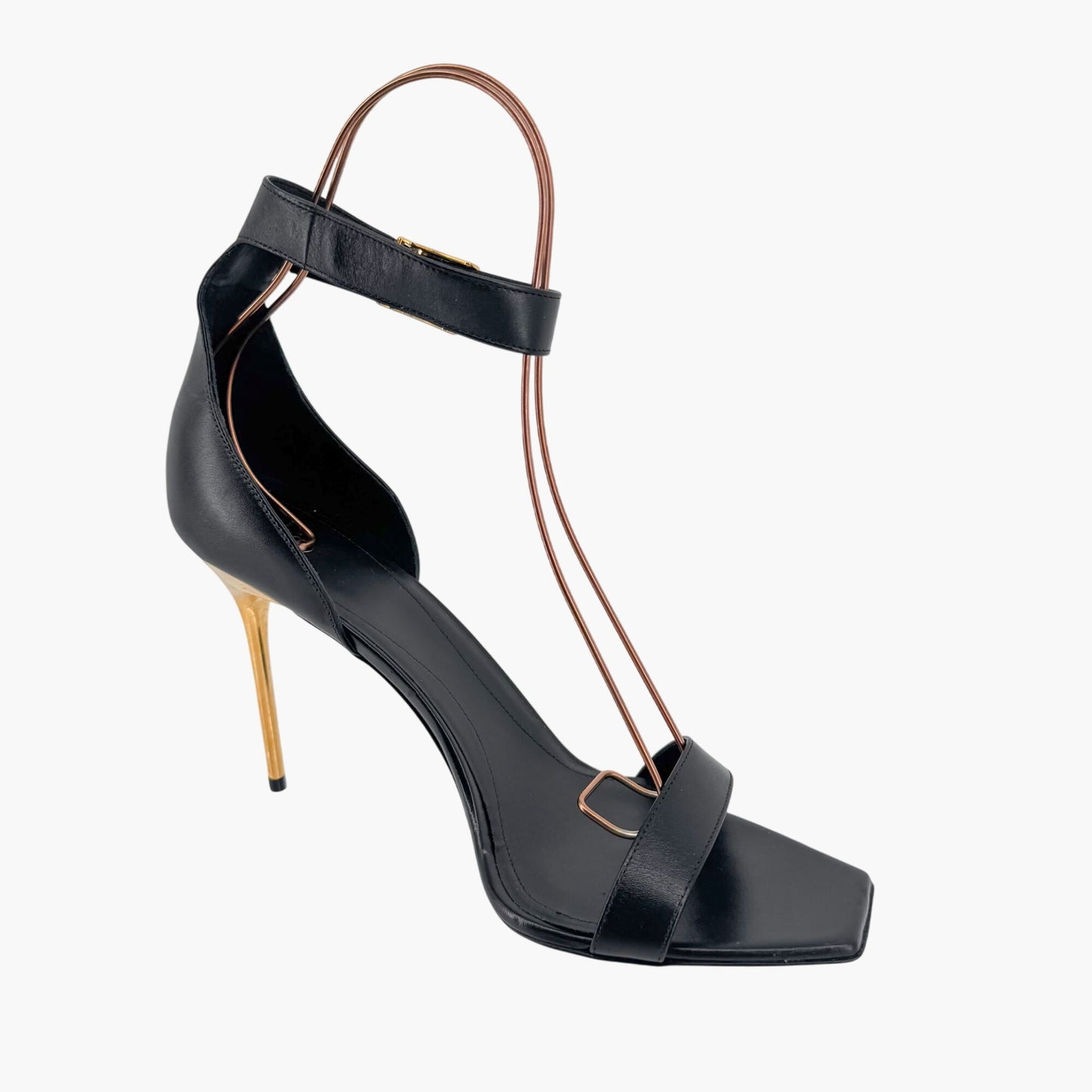 Balmain Uma Buckle Sandals Black Leather Gold Heel – Size 42