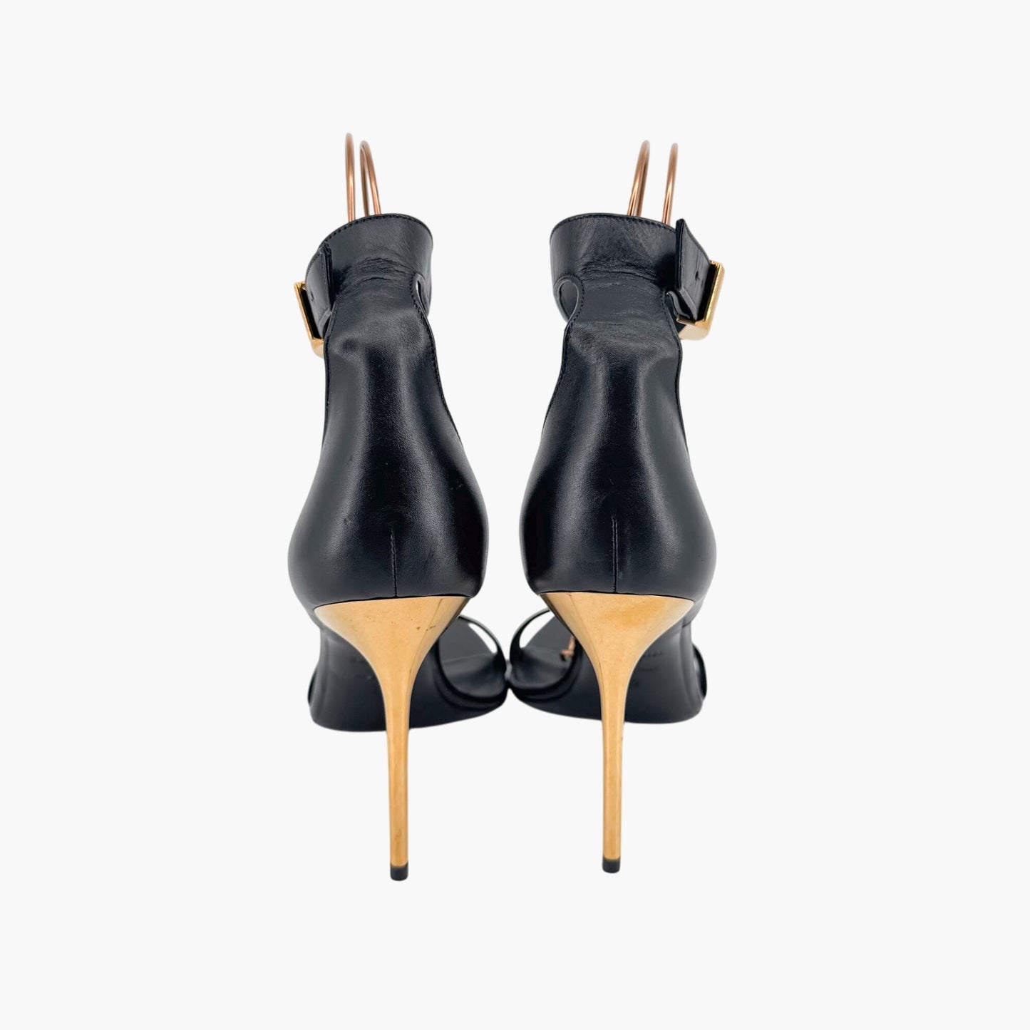 Balmain Uma Buckle Sandals Black Leather Gold Heel – Size 42