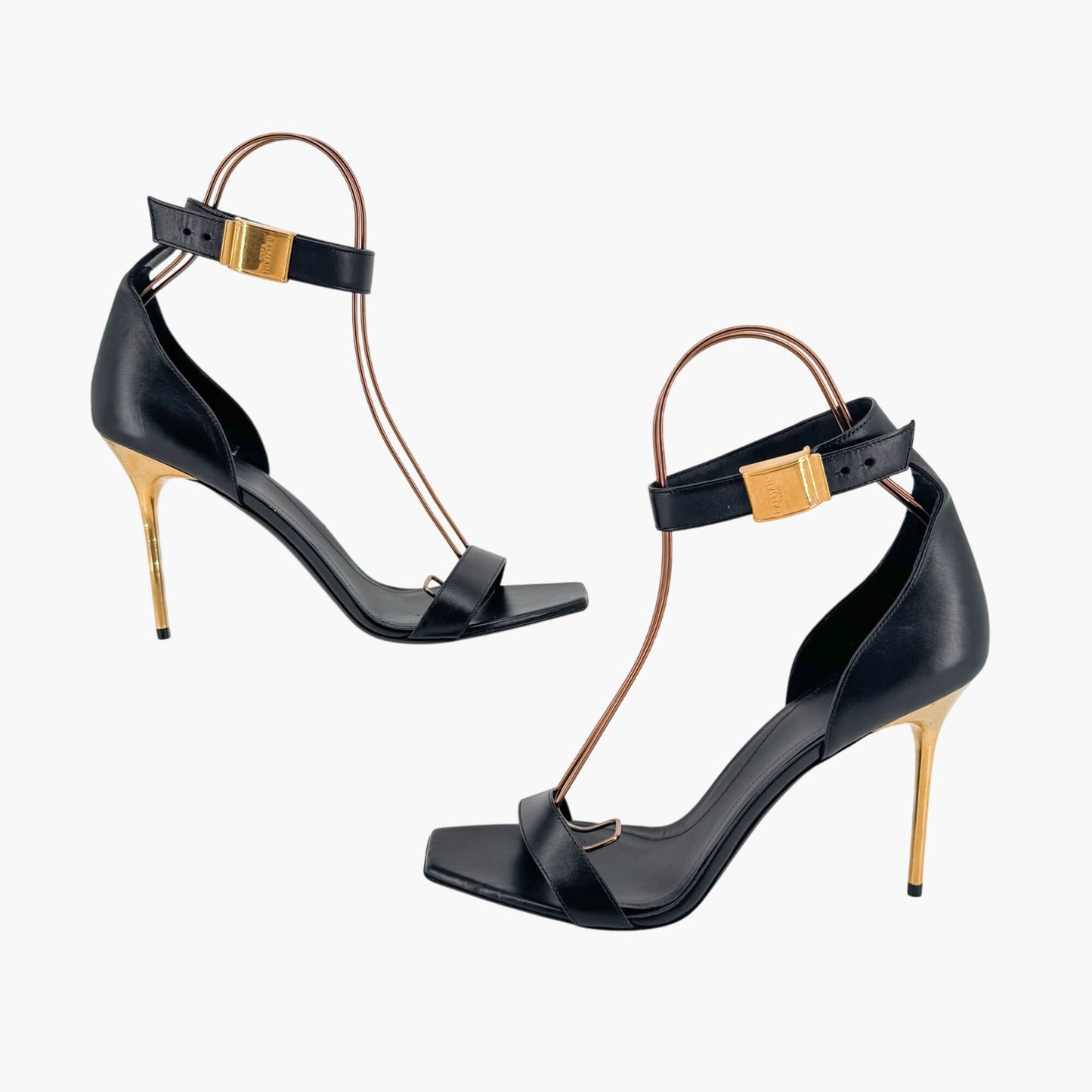 Balmain Uma Buckle Sandals Black Leather Gold Heel – Size 42