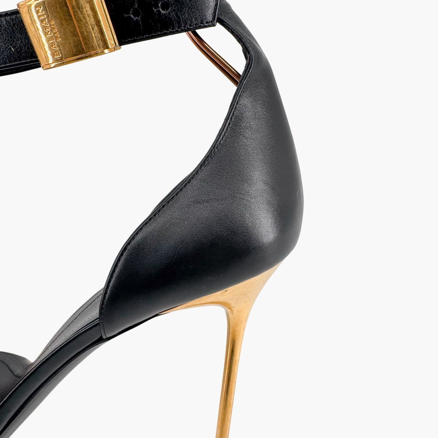 Balmain Uma Buckle Sandals Black Leather Gold Heel – Size 42