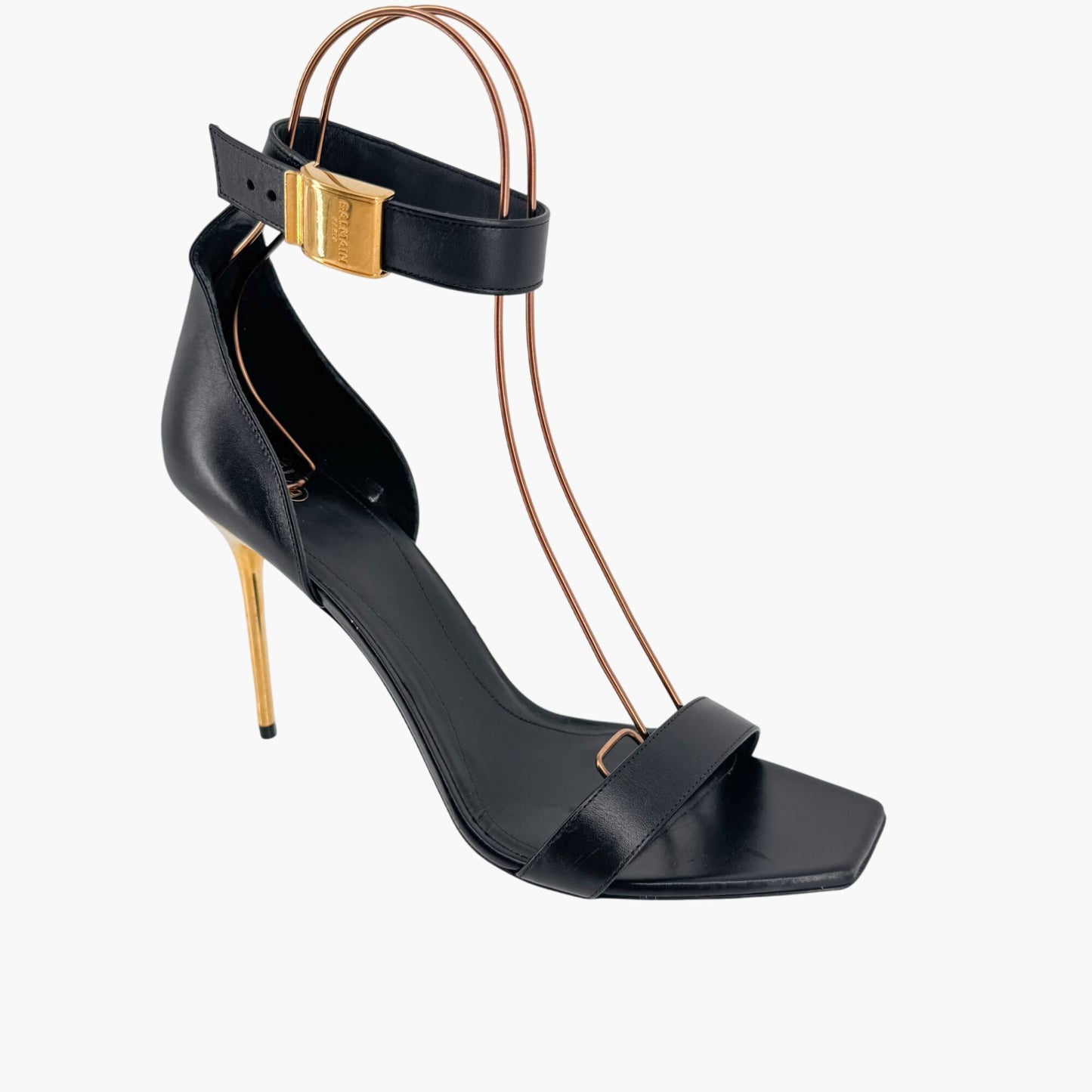 Balmain Uma Buckle Sandals Black Leather Gold Heel – Size 42