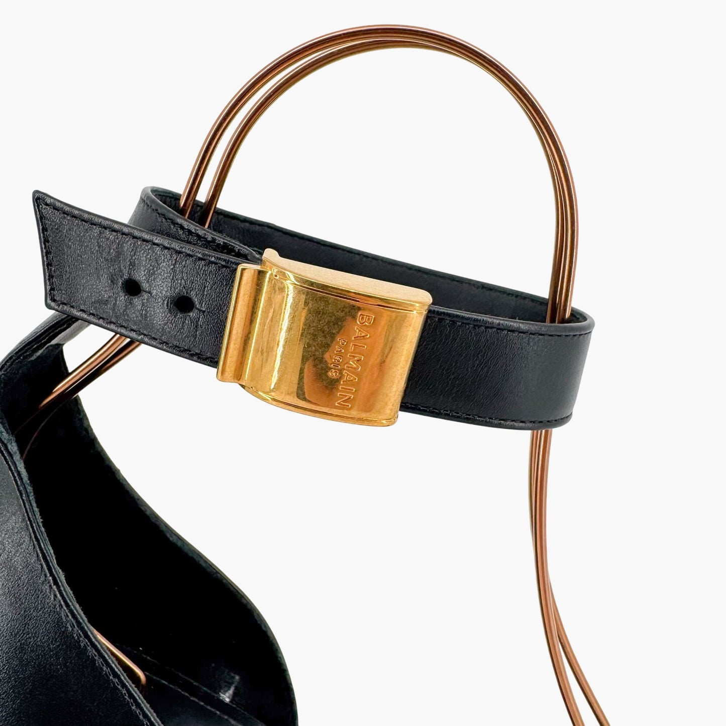 Balmain Uma Buckle Sandals Black Leather Gold Heel – Size 42