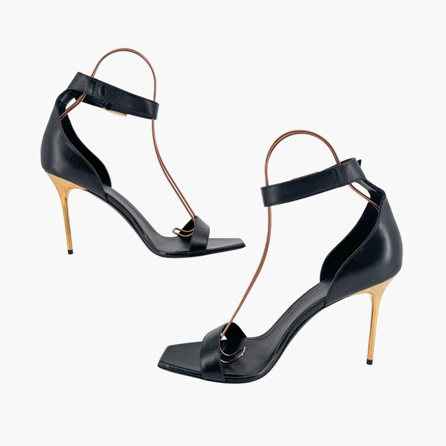 Balmain Uma Buckle Sandals Black Leather Gold Heel – Size 42