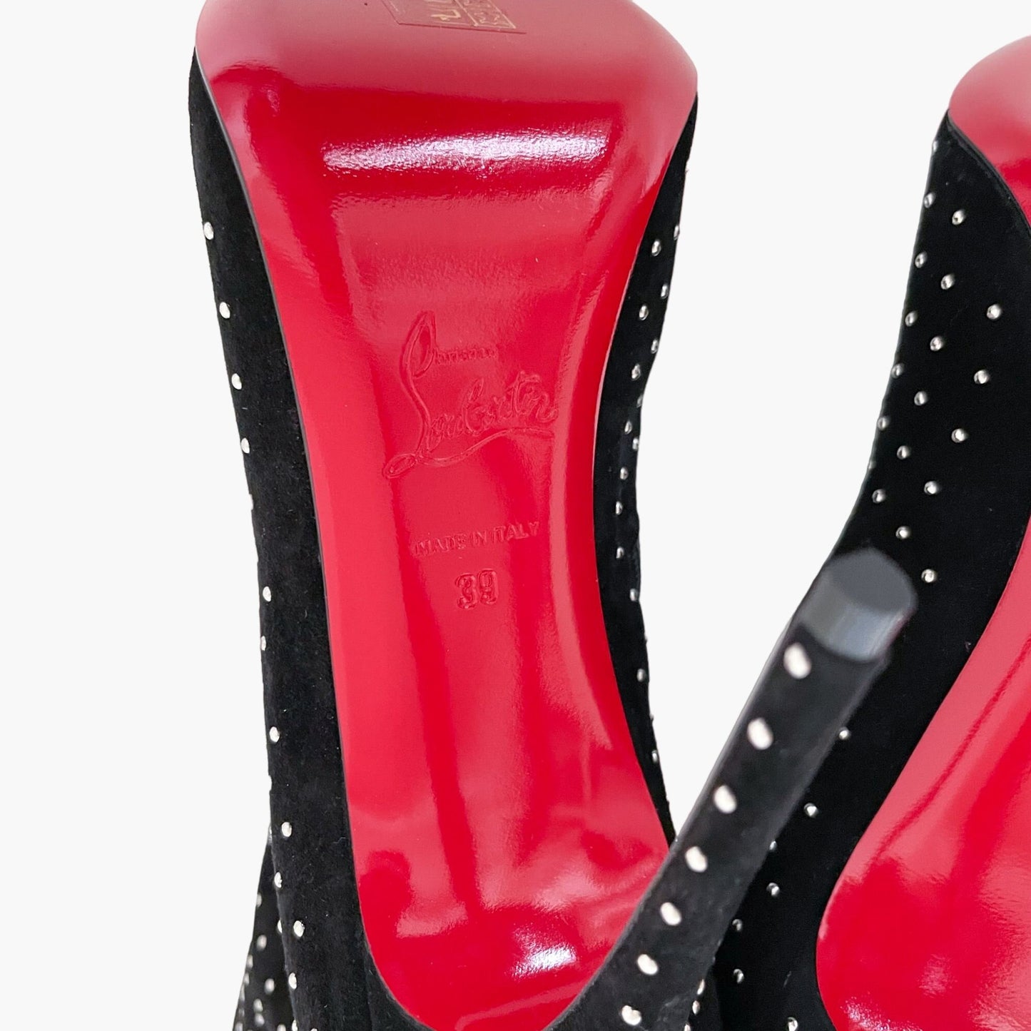Christian Louboutin Alta Botta Plume 100 in Black Veau Velours with Silver Studs Size 39