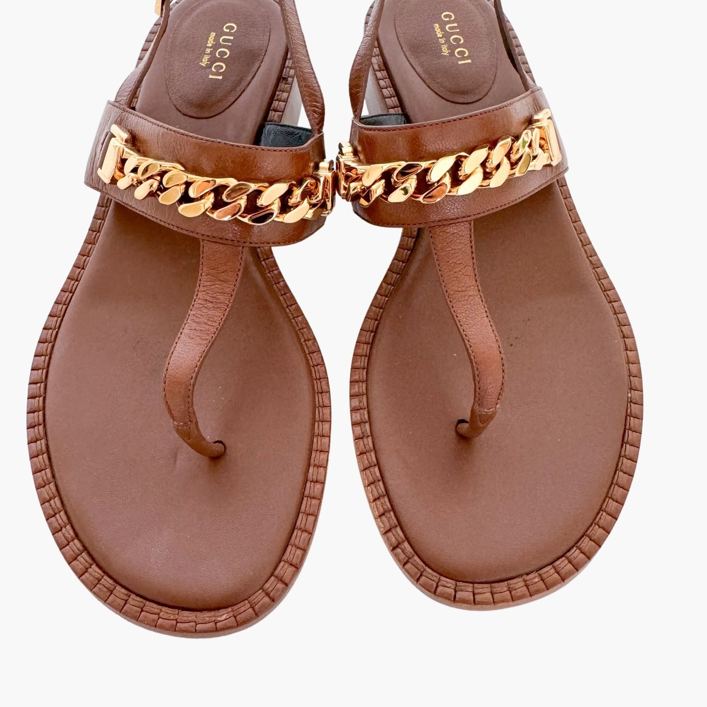 Gucci Sylvie T-Strap Chain Sandals in Brown Leather Size 37.5