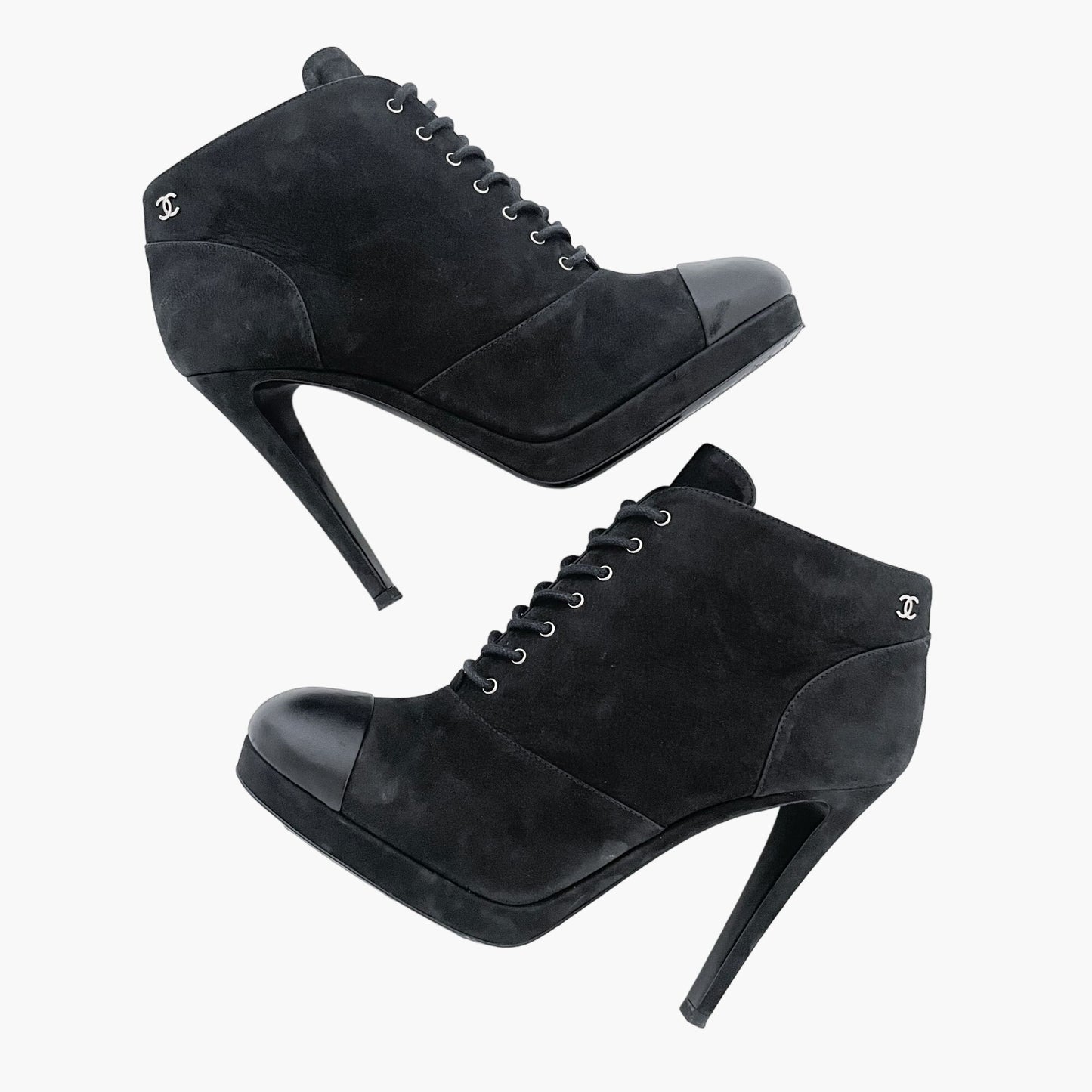 Chanel Lace-Up Ankle Booties in Black Suede Size 38.5