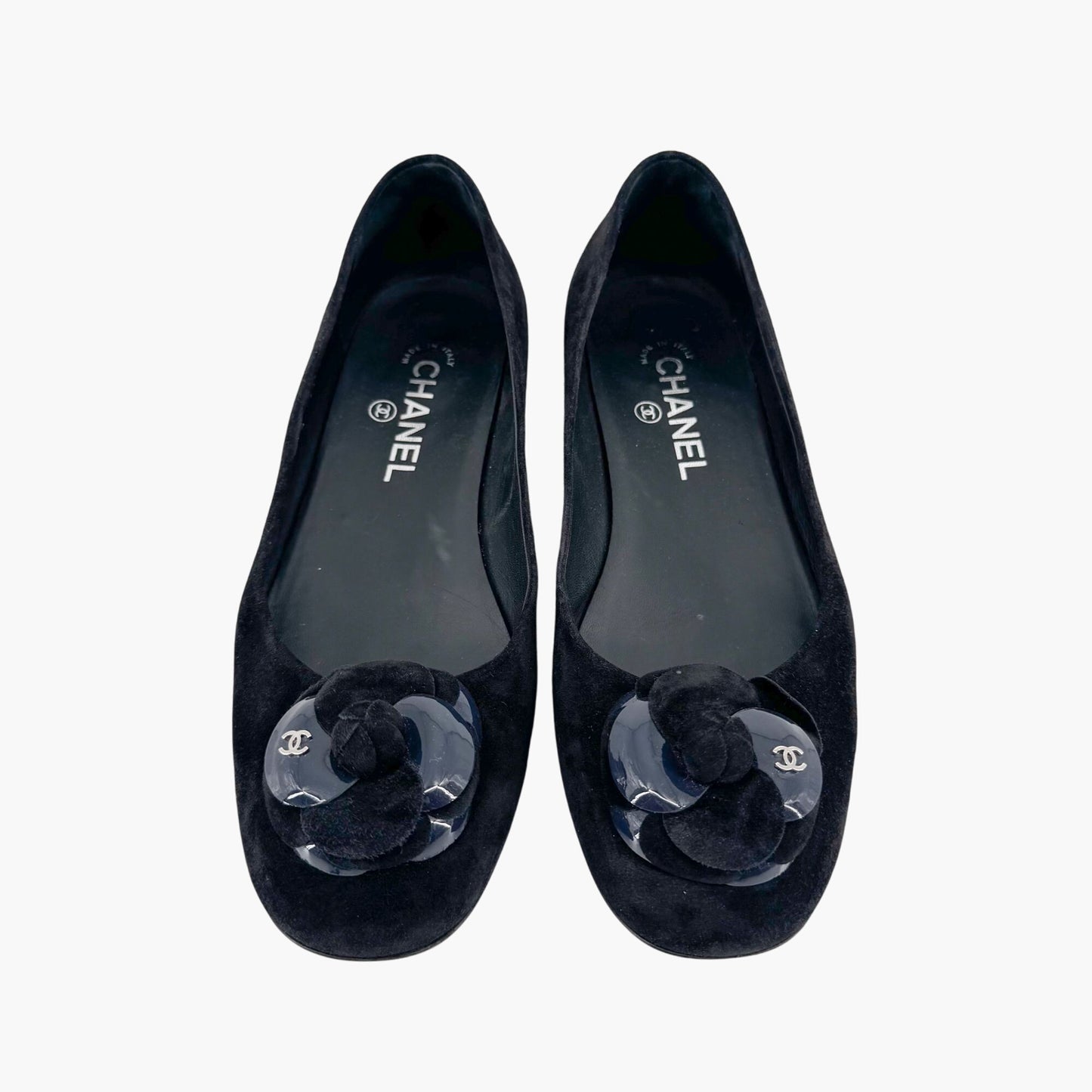 Chanel Camellia CC Ballet Flats in Black Suede – Size 38.5