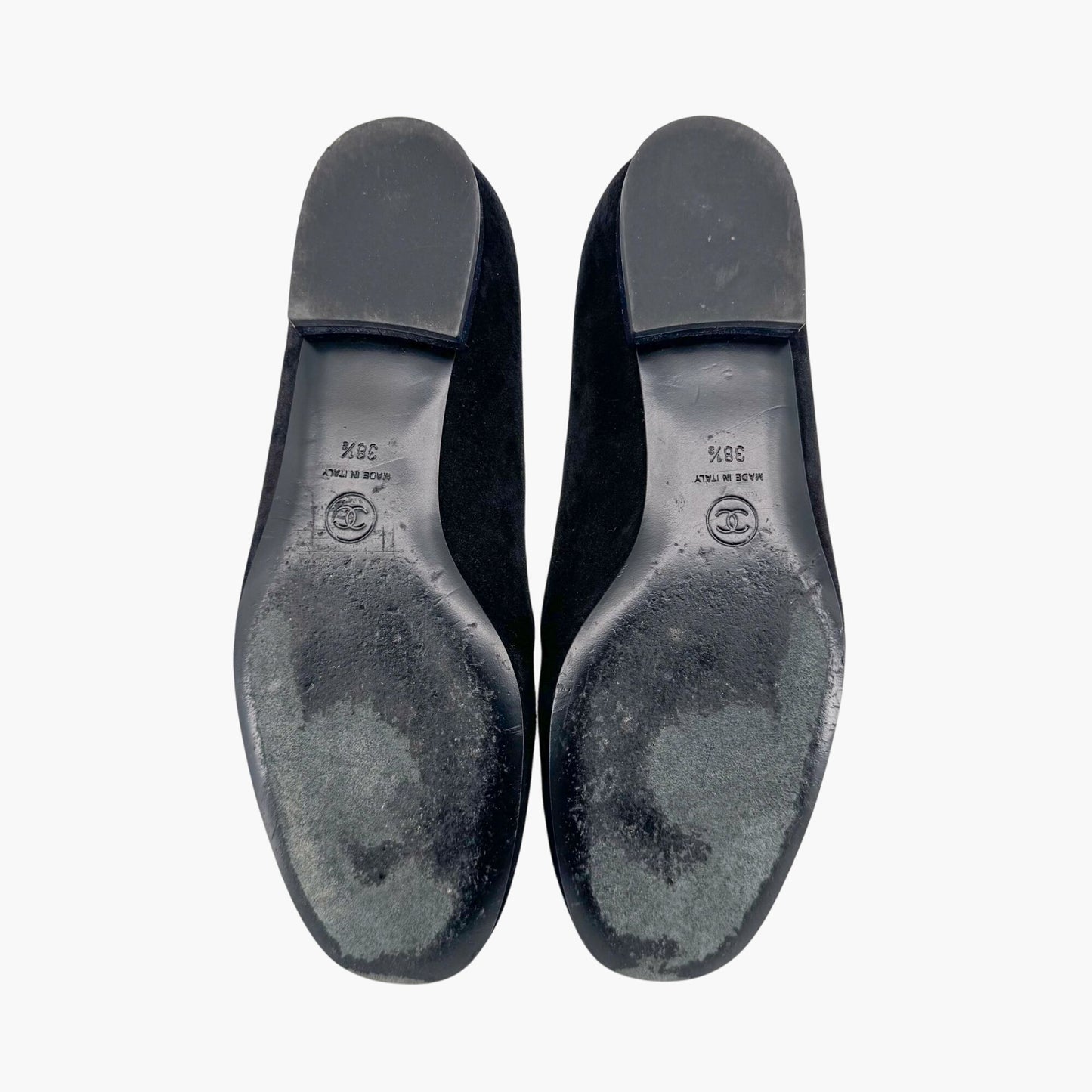 Chanel Camellia CC Ballet Flats in Black Suede – Size 38.5
