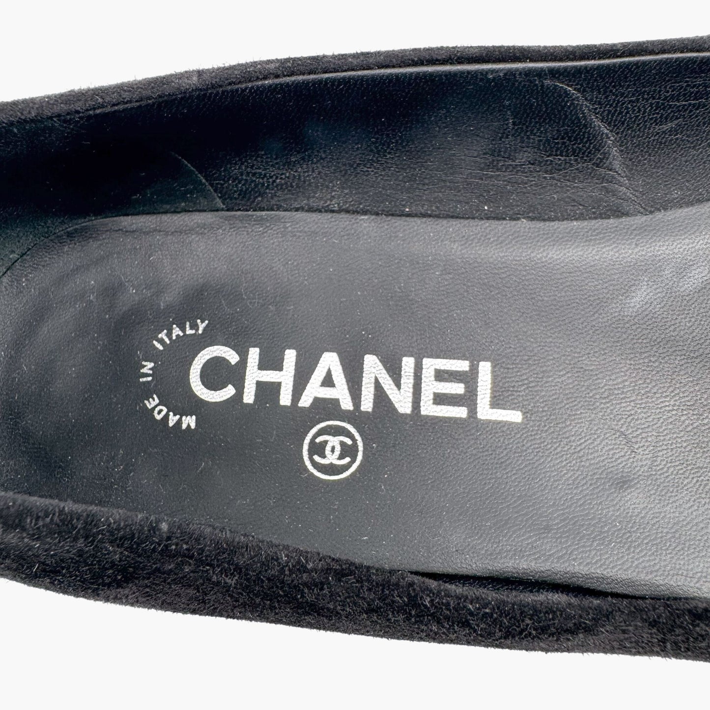 Chanel Camellia CC Ballet Flats in Black Suede – Size 38.5