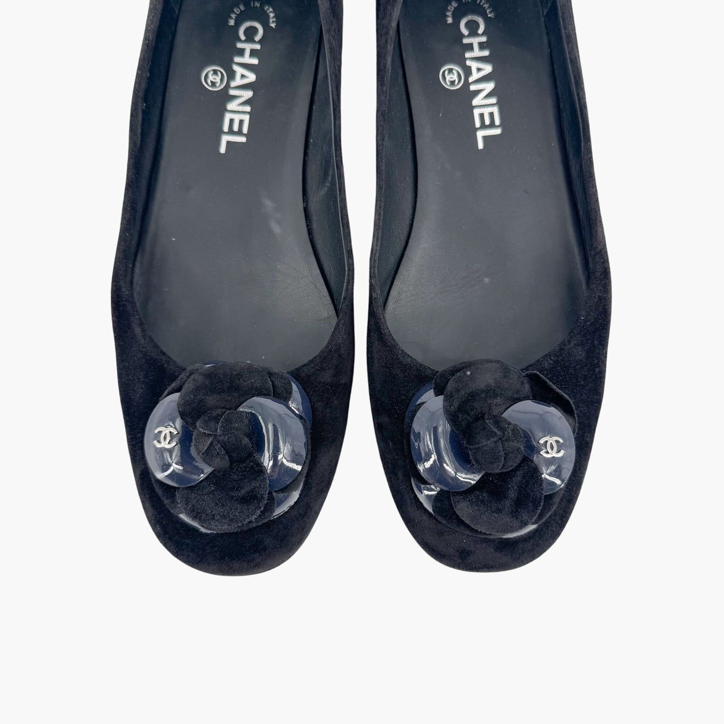 Chanel Camellia CC Ballet Flats in Black Suede – Size 38.5
