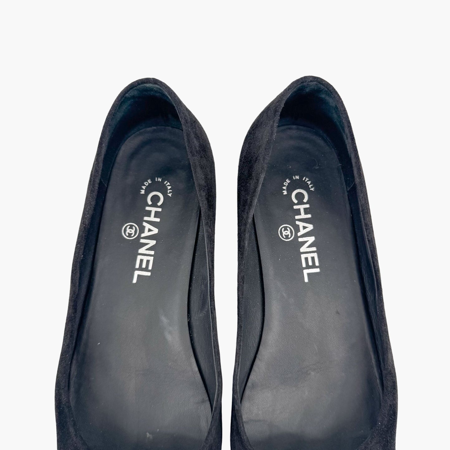 Chanel Camellia CC Ballet Flats in Black Suede – Size 38.5