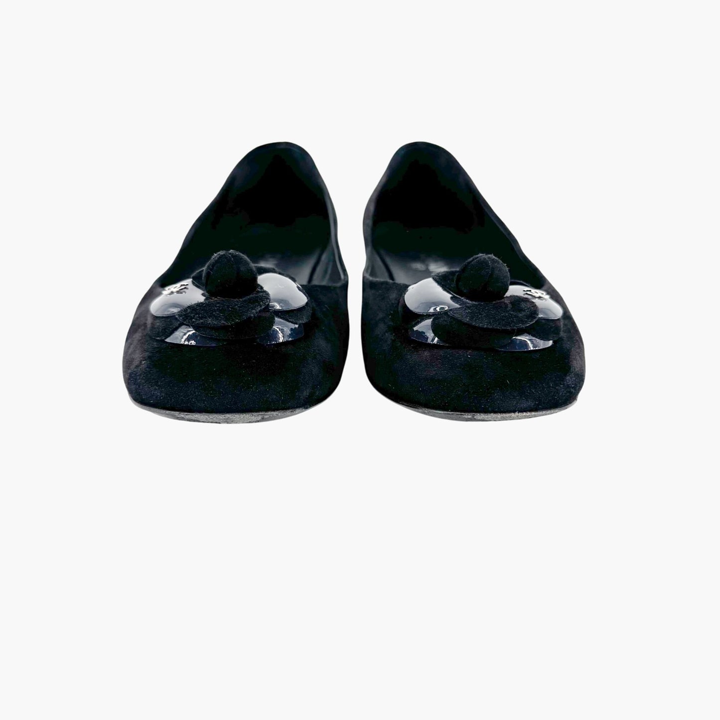 Chanel Camellia CC Ballet Flats in Black Suede – Size 38.5