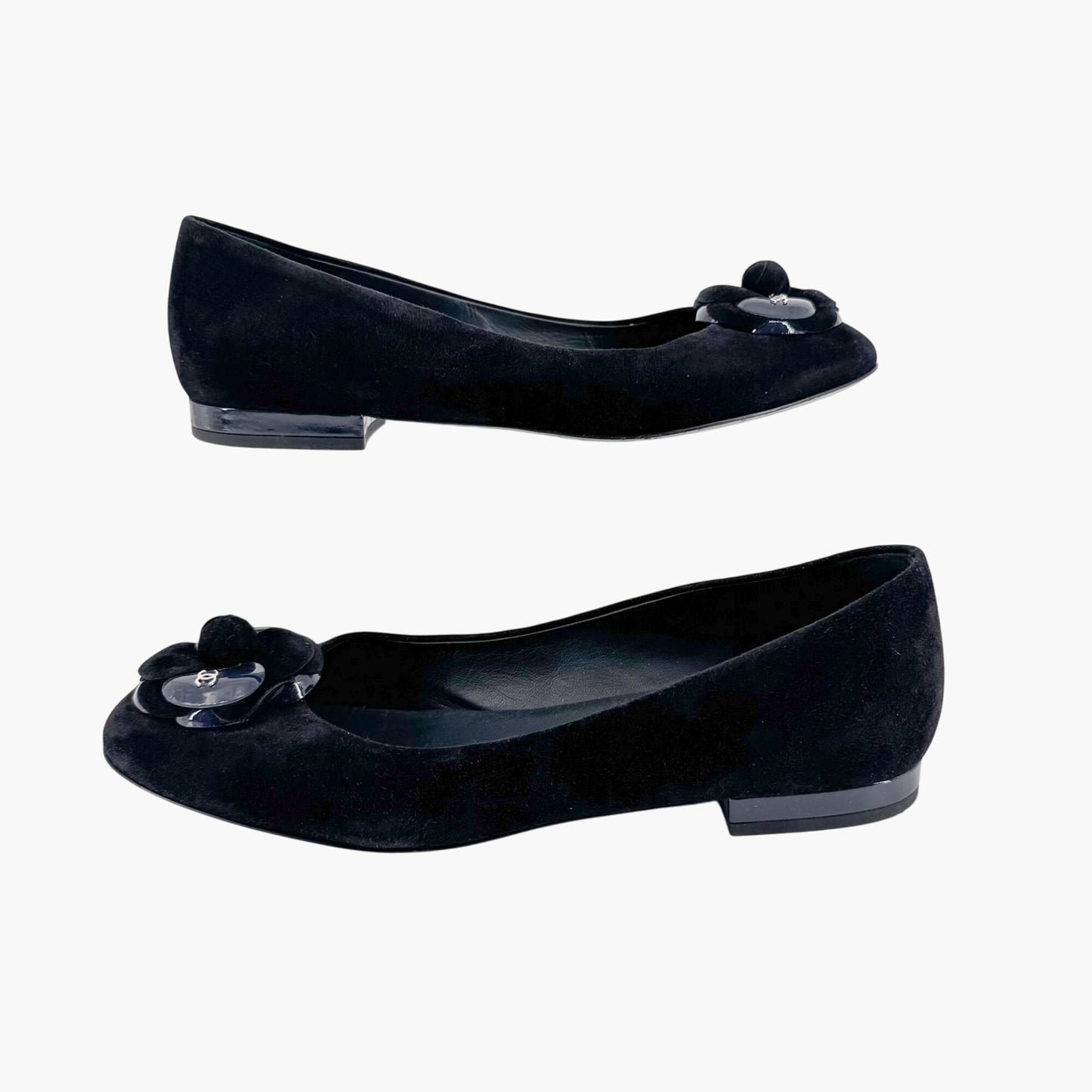 Chanel Camellia CC Ballet Flats in Black Suede – Size 38.5