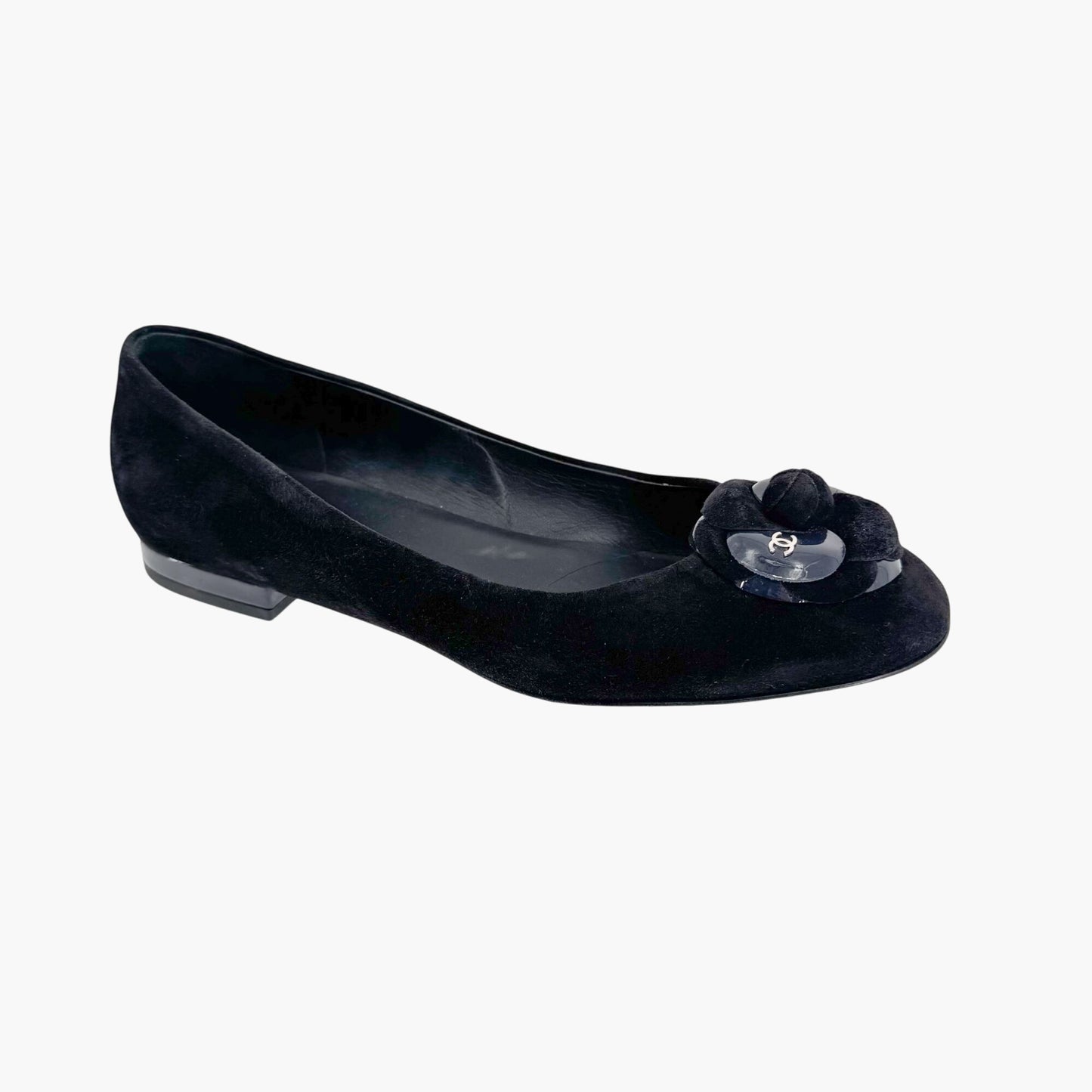 Chanel Camellia CC Ballet Flats in Black Suede – Size 38.5