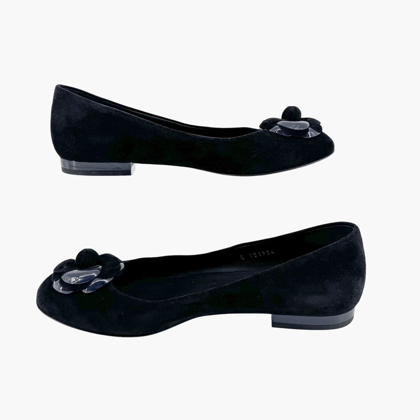 Chanel Camellia CC Ballet Flats in Black Suede – Size 38.5