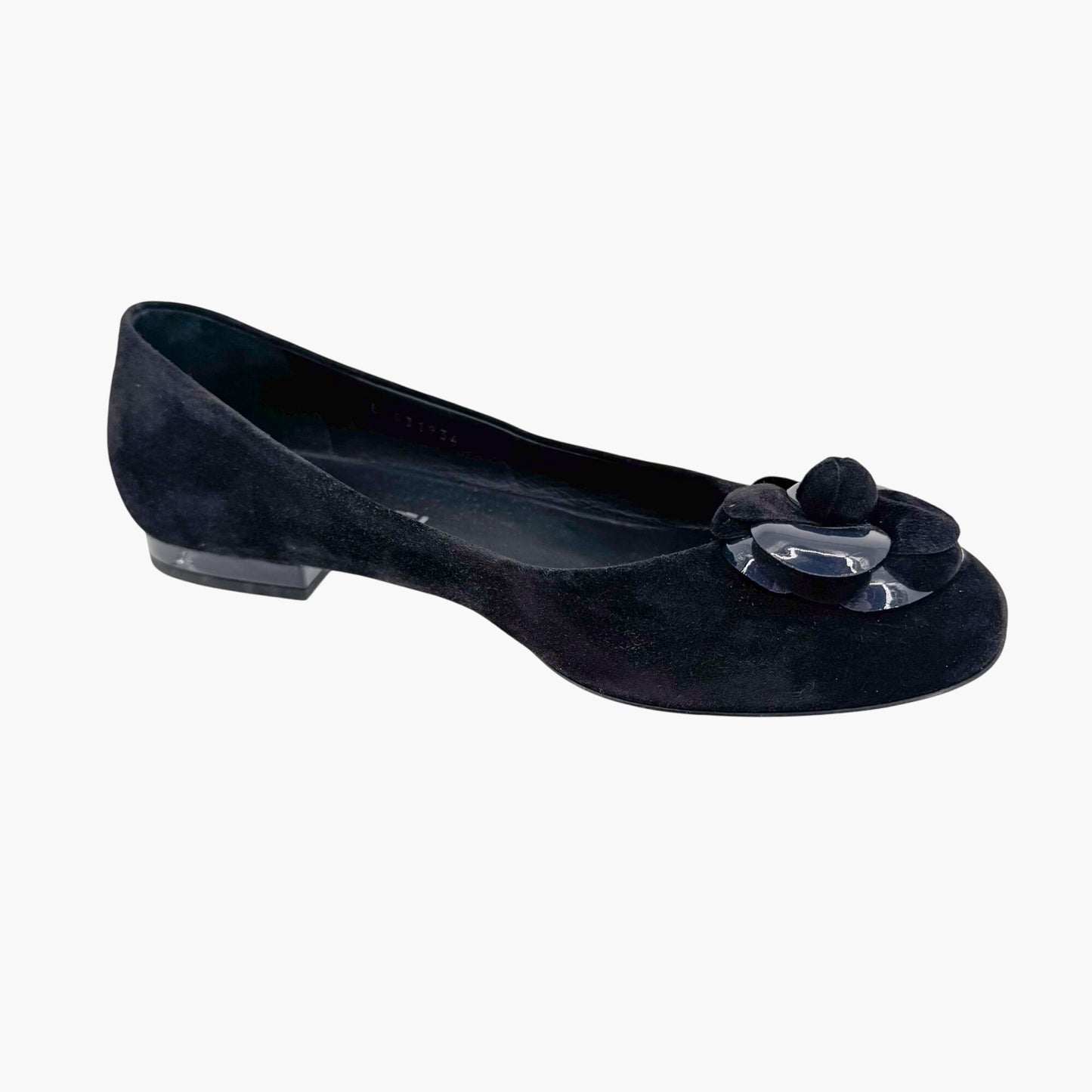 Chanel Camellia CC Ballet Flats in Black Suede – Size 38.5