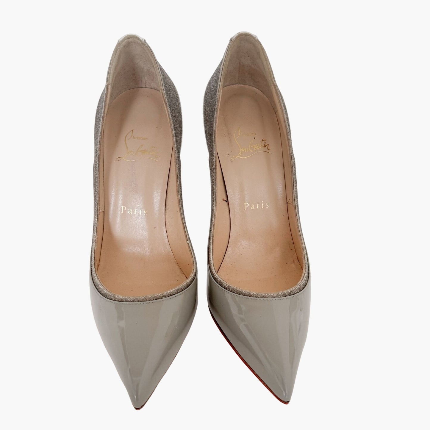 Christian Louboutin Tucsick 120 Pumps in Gray Patent, White Leather & Glitter Size 38