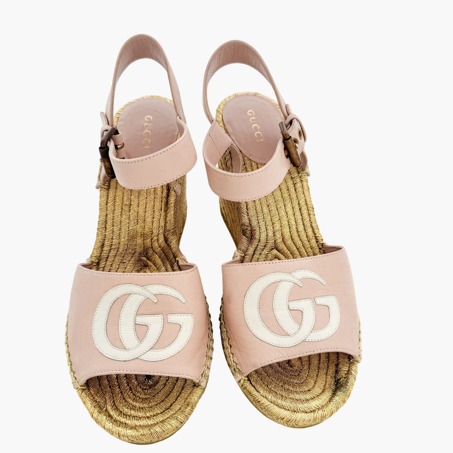 Gucci Flor GG Espadrille Wedge Sandals in Pink & Gold Leather Size 39.5