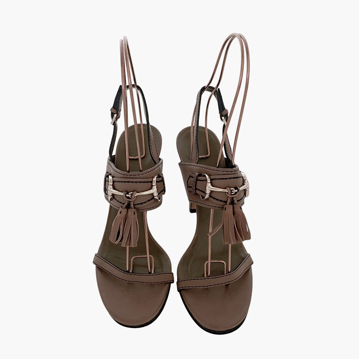 Gucci Emily Horsebit Tassel Sandals in Brown Leather Size 37.5