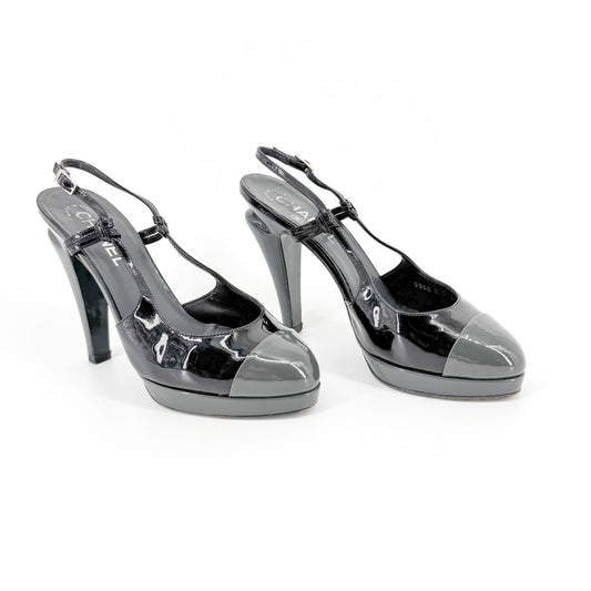 Chanel Cap Toe Slingback Pumps in Black & Gray Patent Leather Size 38.5
