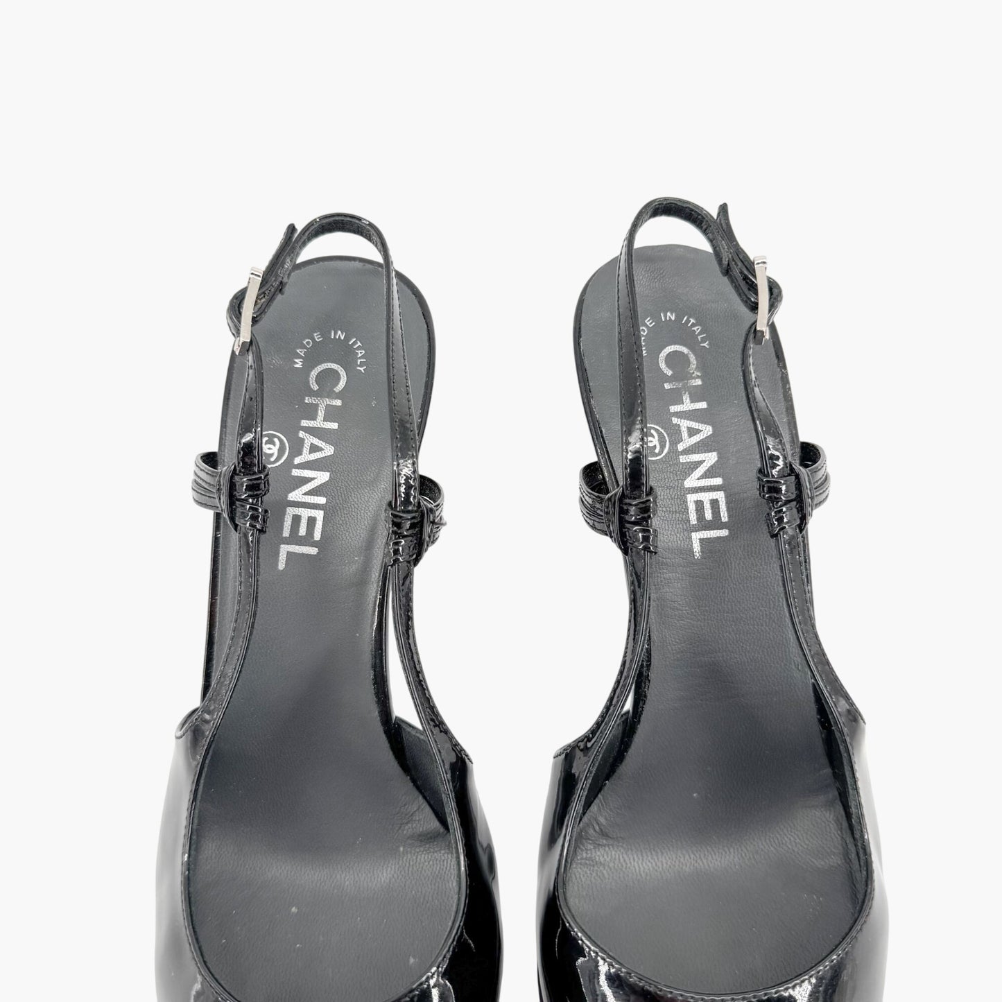 Chanel Cap Toe Slingback Pumps in Black & Gray Patent Leather Size 38.5