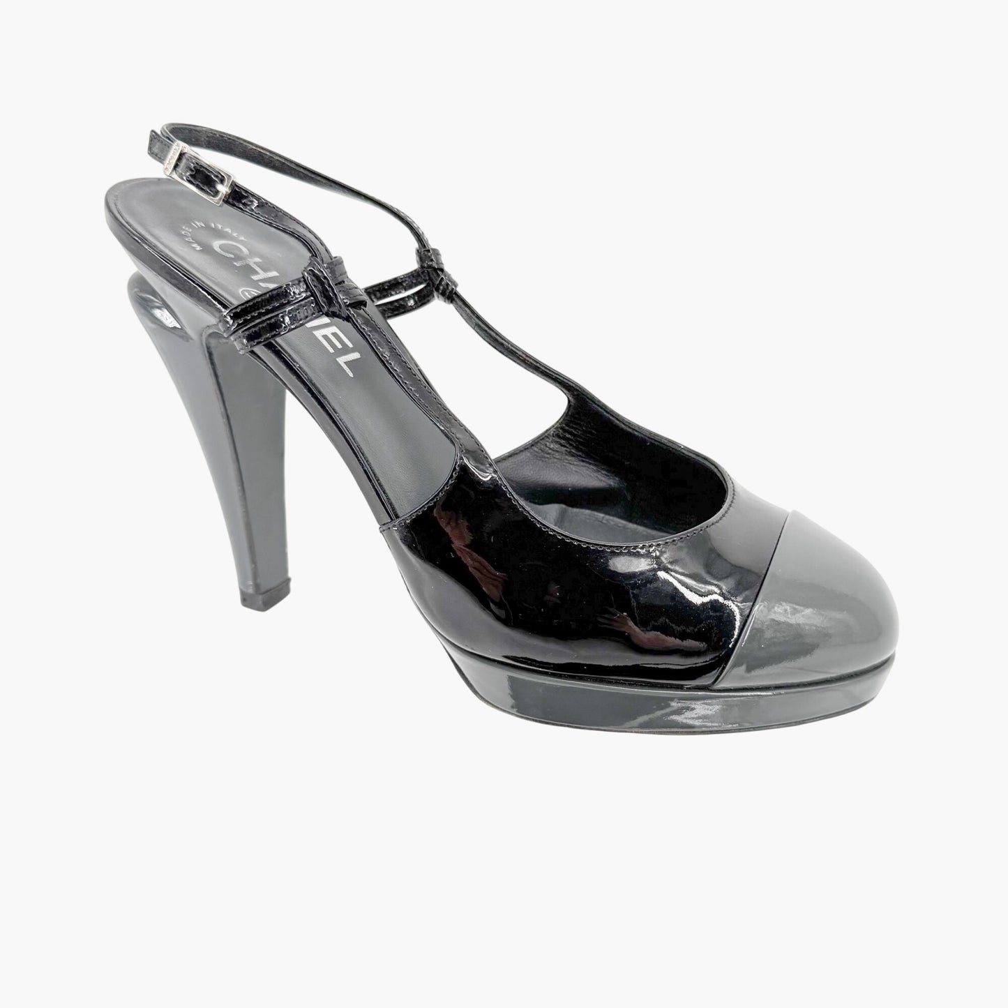 Chanel Cap Toe Slingback Pumps in Black & Gray Patent Leather Size 38.5