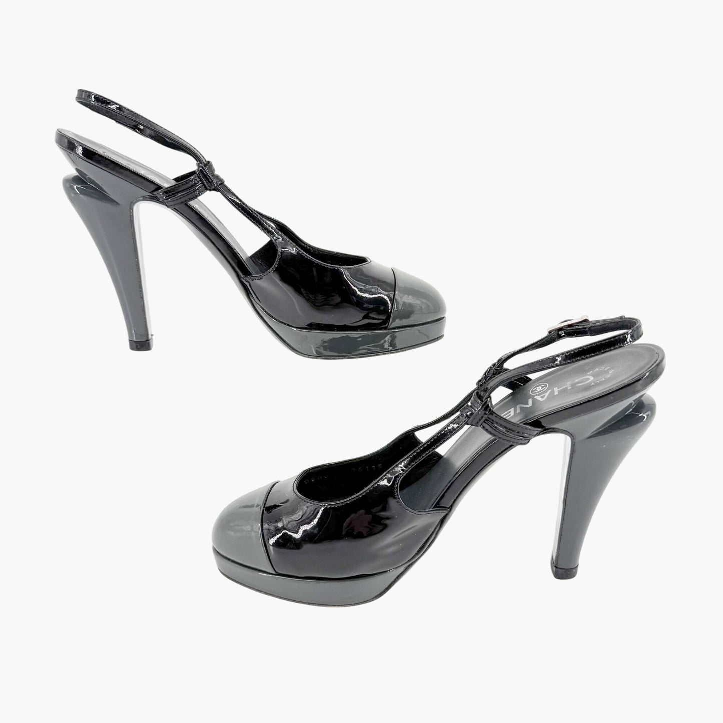 Chanel Cap Toe Slingback Pumps in Black & Gray Patent Leather Size 38.5
