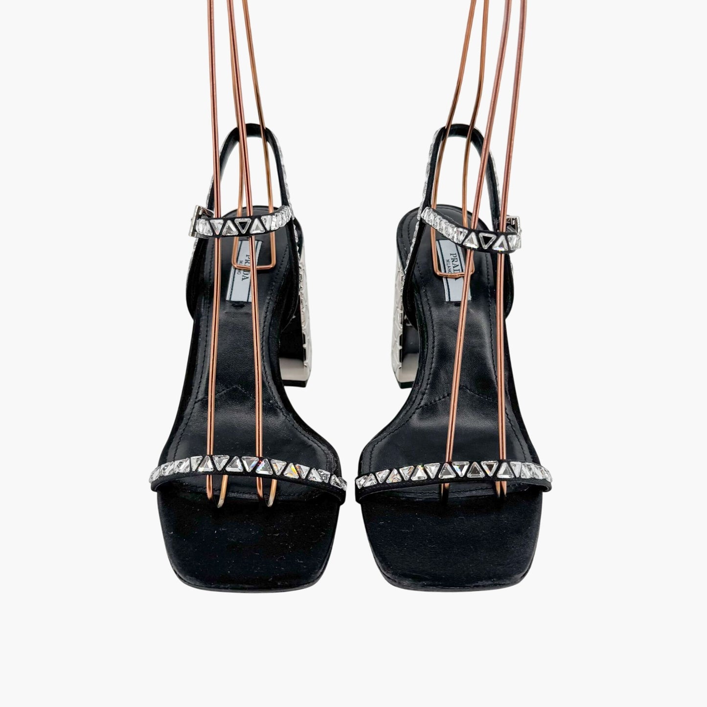Prada Crystal Embellished Block Heel Sandals in Black Satin – Size 37.5