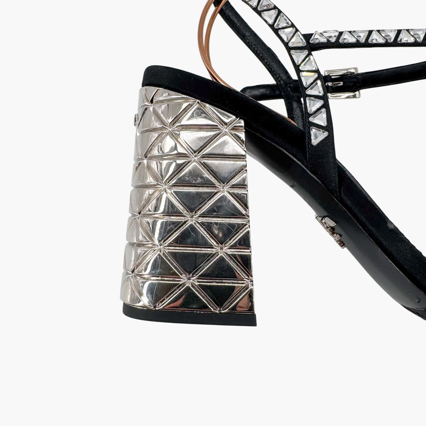 Prada Crystal Embellished Block Heel Sandals in Black Satin – Size 37.5