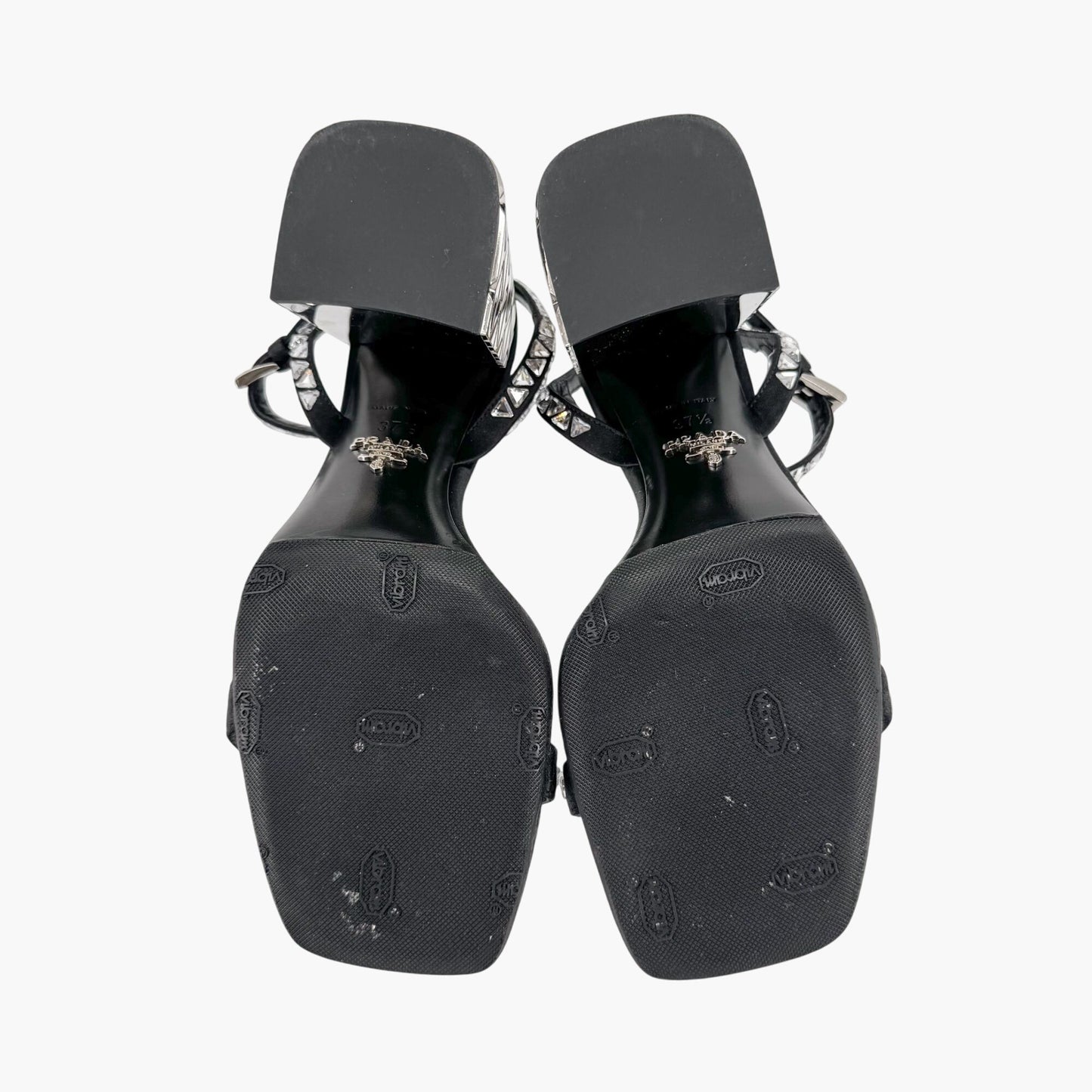 Prada Crystal Embellished Block Heel Sandals in Black Satin – Size 37.5