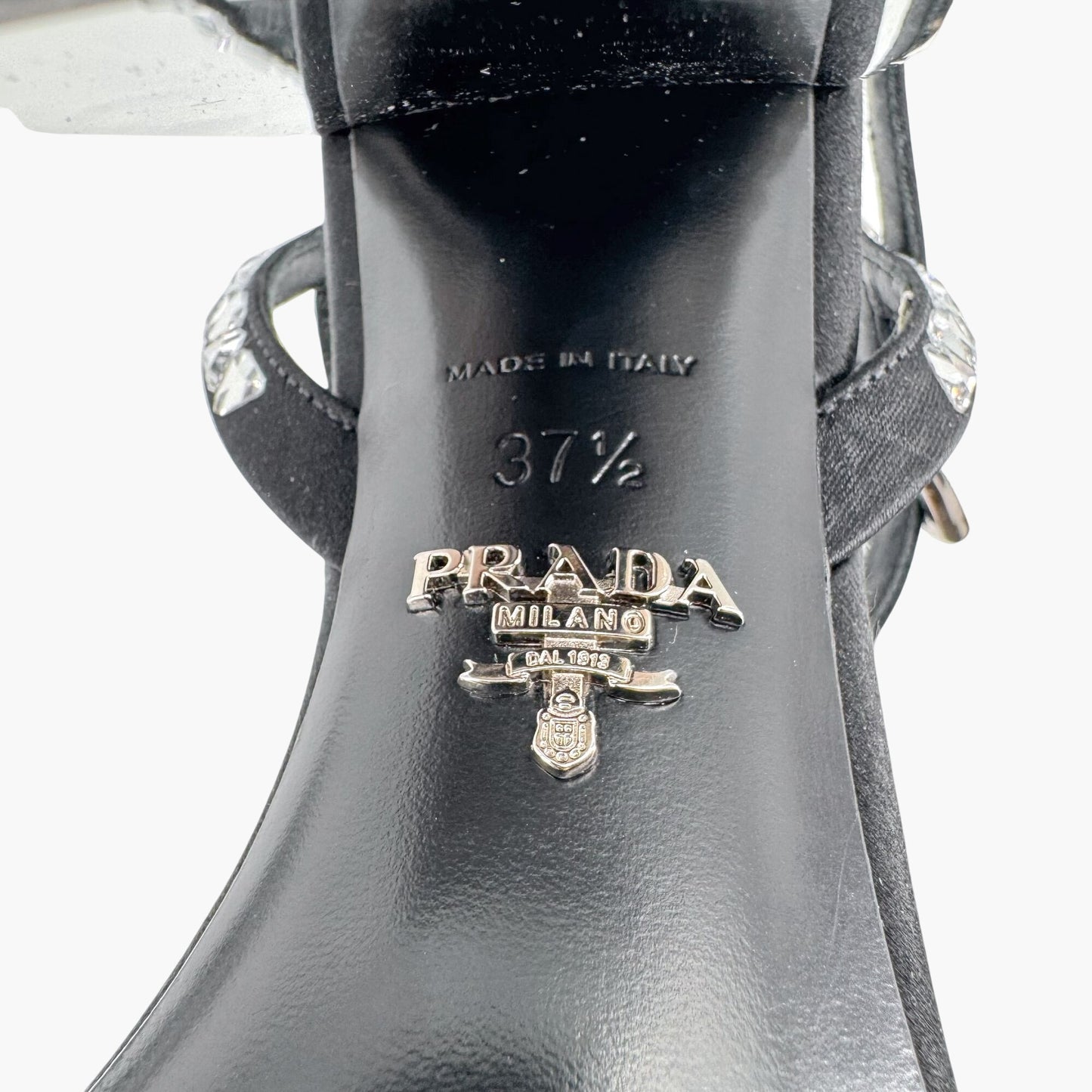 Prada Crystal Embellished Block Heel Sandals in Black Satin – Size 37.5