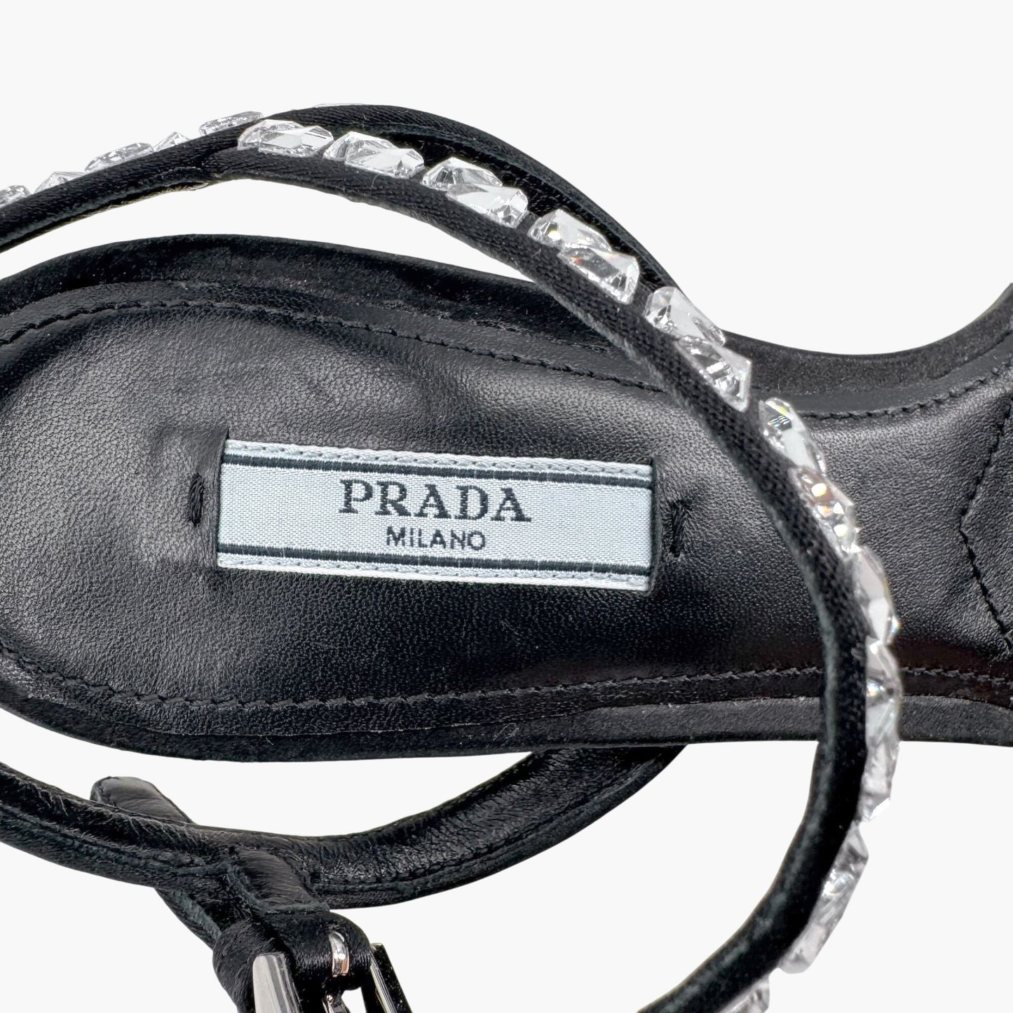 Prada Crystal Embellished Block Heel Sandals in Black Satin – Size 37.5