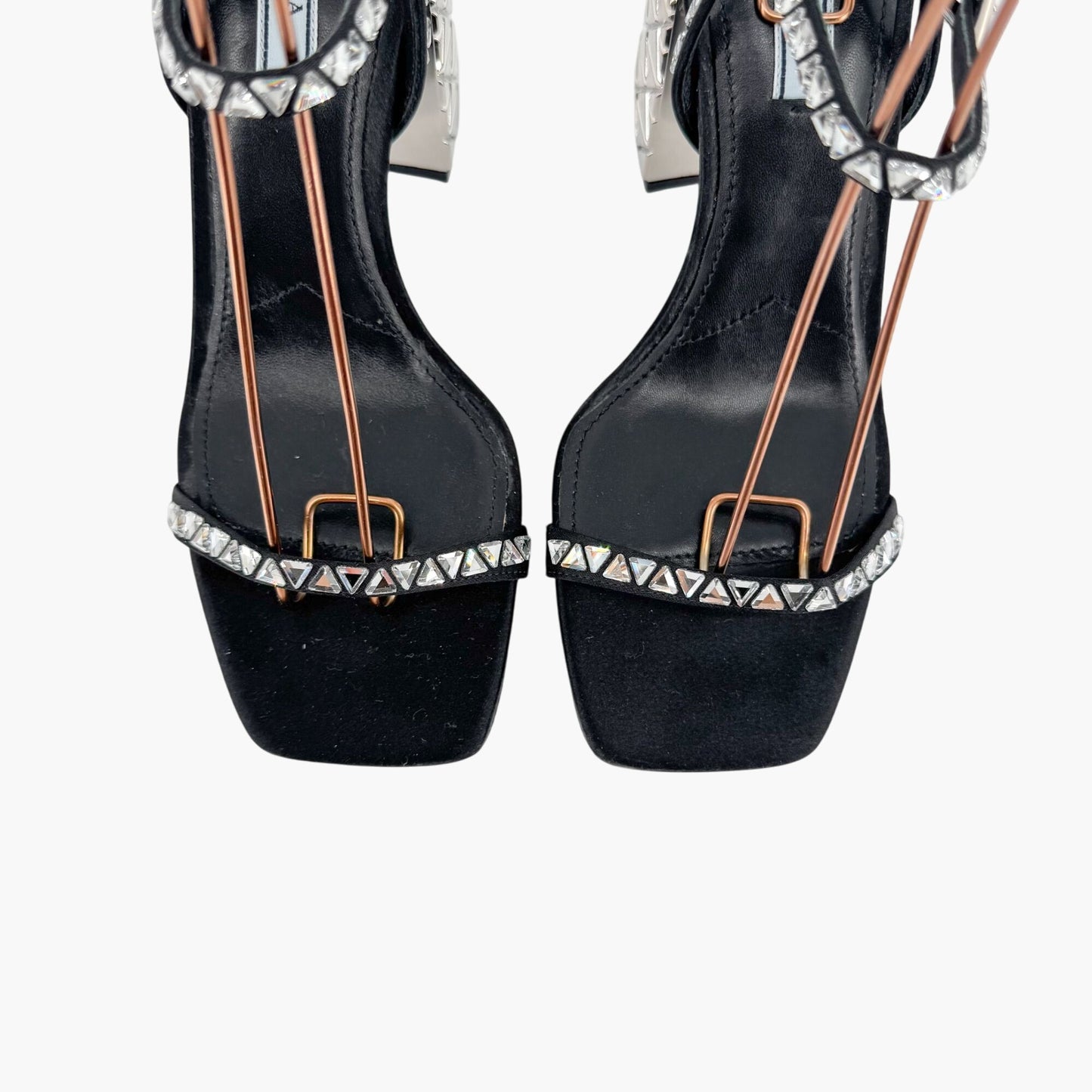 Prada Crystal Embellished Block Heel Sandals in Black Satin – Size 37.5