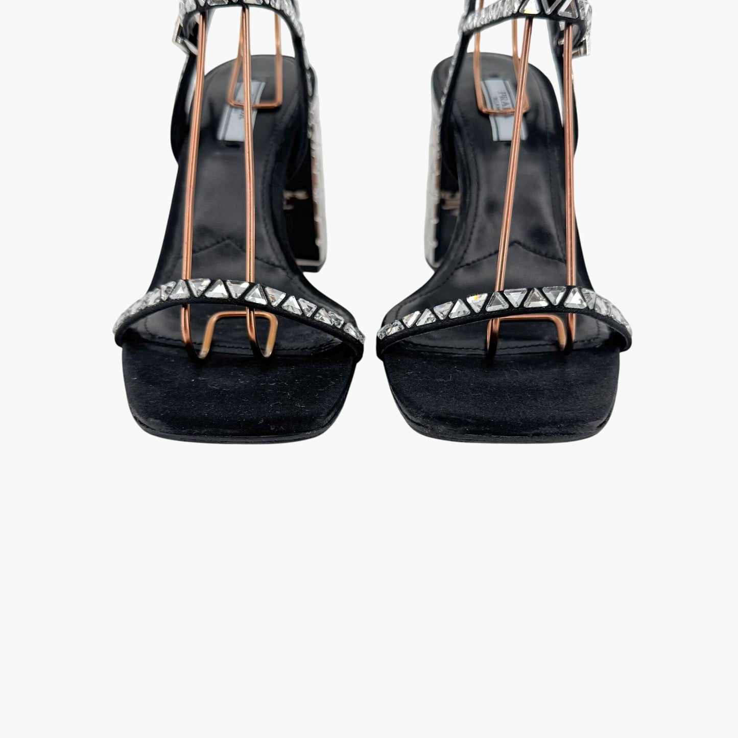 Prada Crystal Embellished Block Heel Sandals in Black Satin – Size 37.5