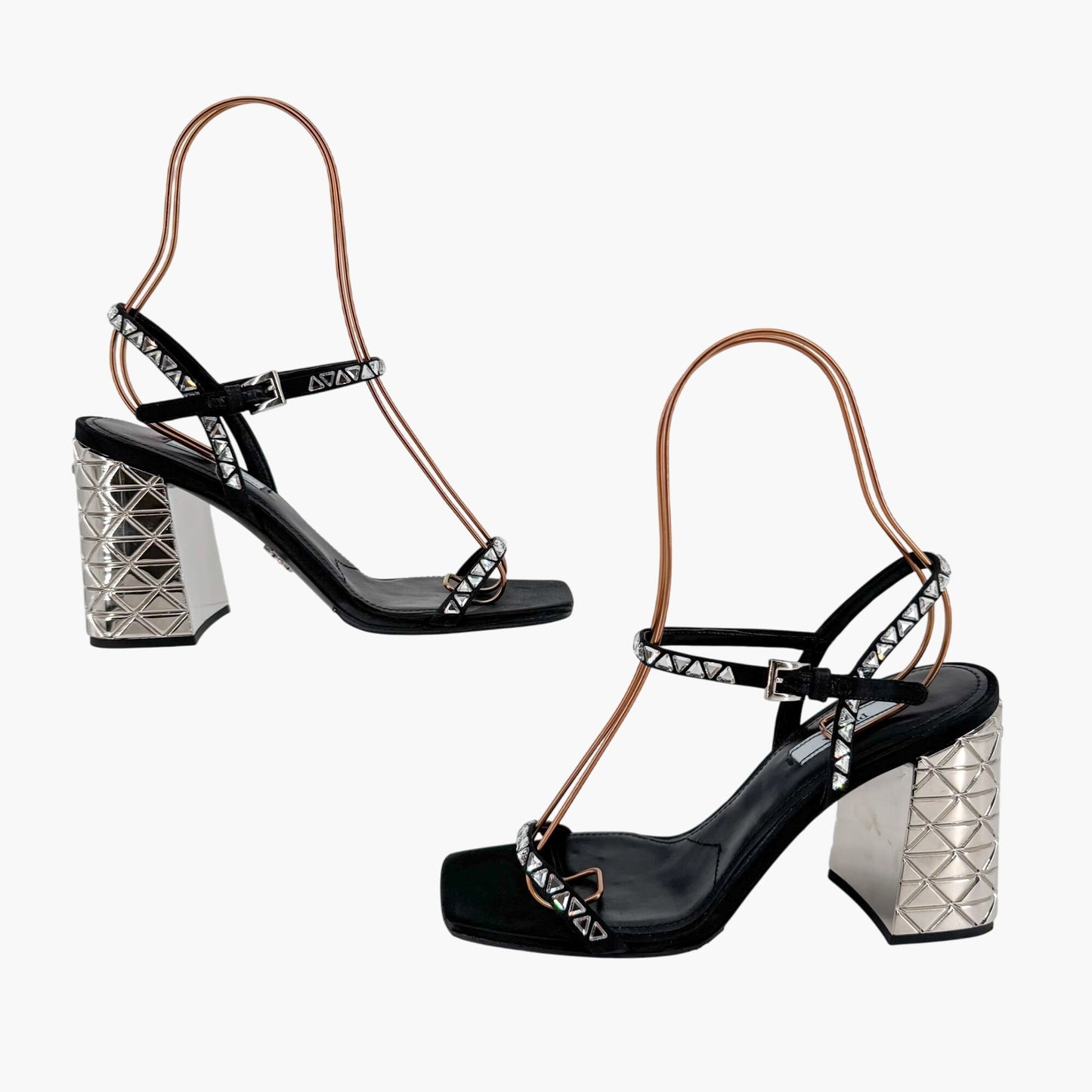 Prada Crystal Embellished Block Heel Sandals in Black Satin – Size 37.5