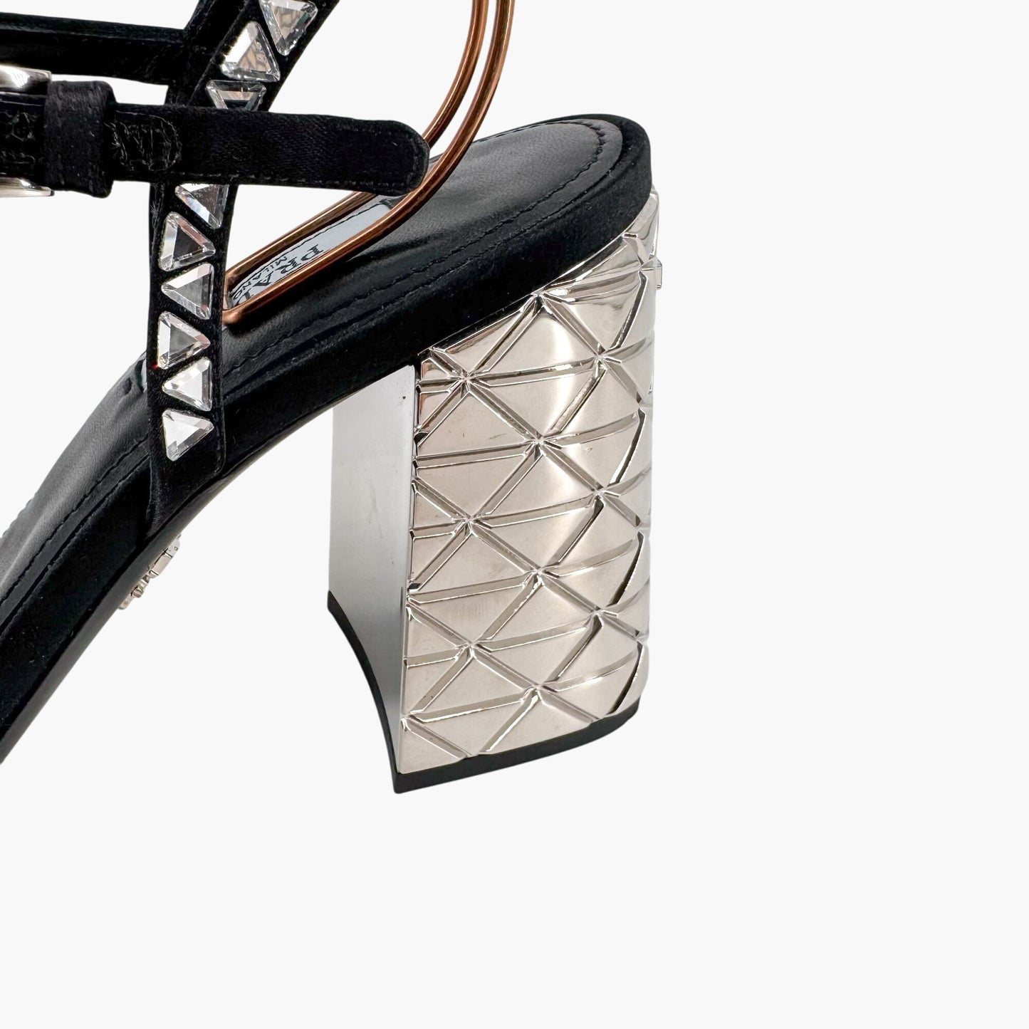 Prada Crystal Embellished Block Heel Sandals in Black Satin – Size 37.5