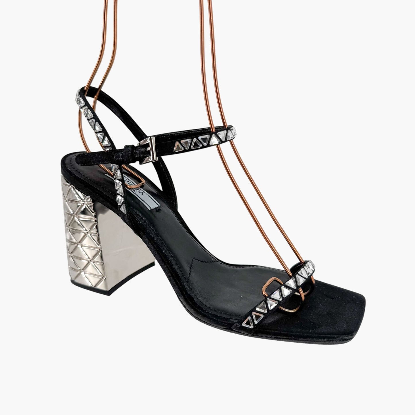 Prada Crystal Embellished Block Heel Sandals in Black Satin – Size 37.5