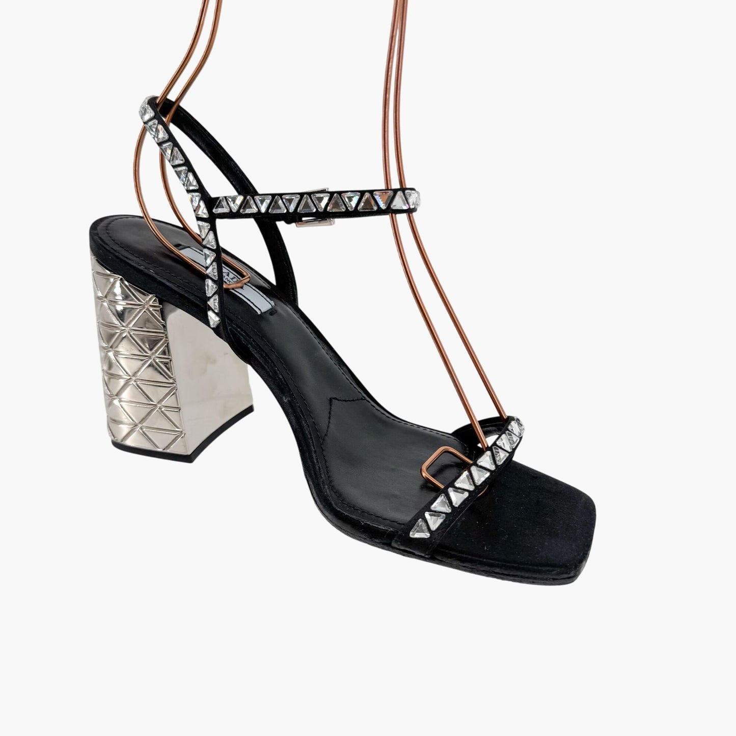 Prada Crystal Embellished Block Heel Sandals in Black Satin – Size 37.5