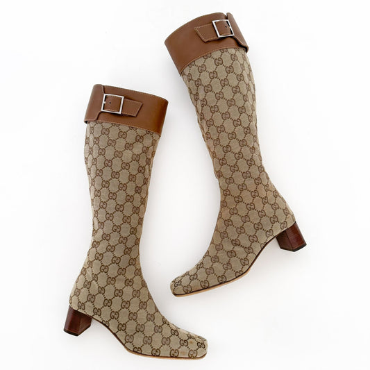 Gucci Knee High Riding Boots in Beige GG Monogram Canvas Size 36.5