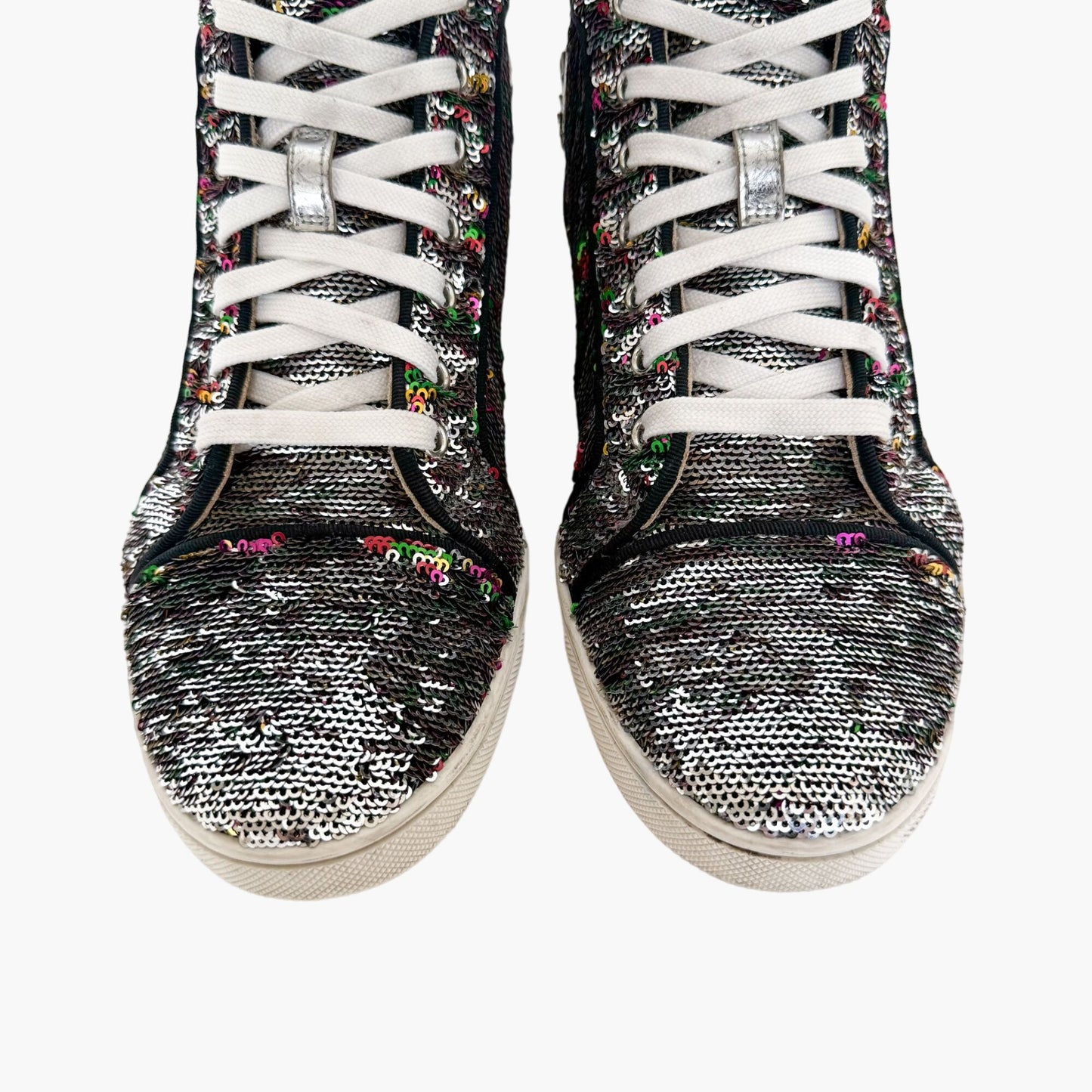 Christian Louboutin Bip Bip High Top Sneakers in Silver Flip Up Sequin Size 37.5