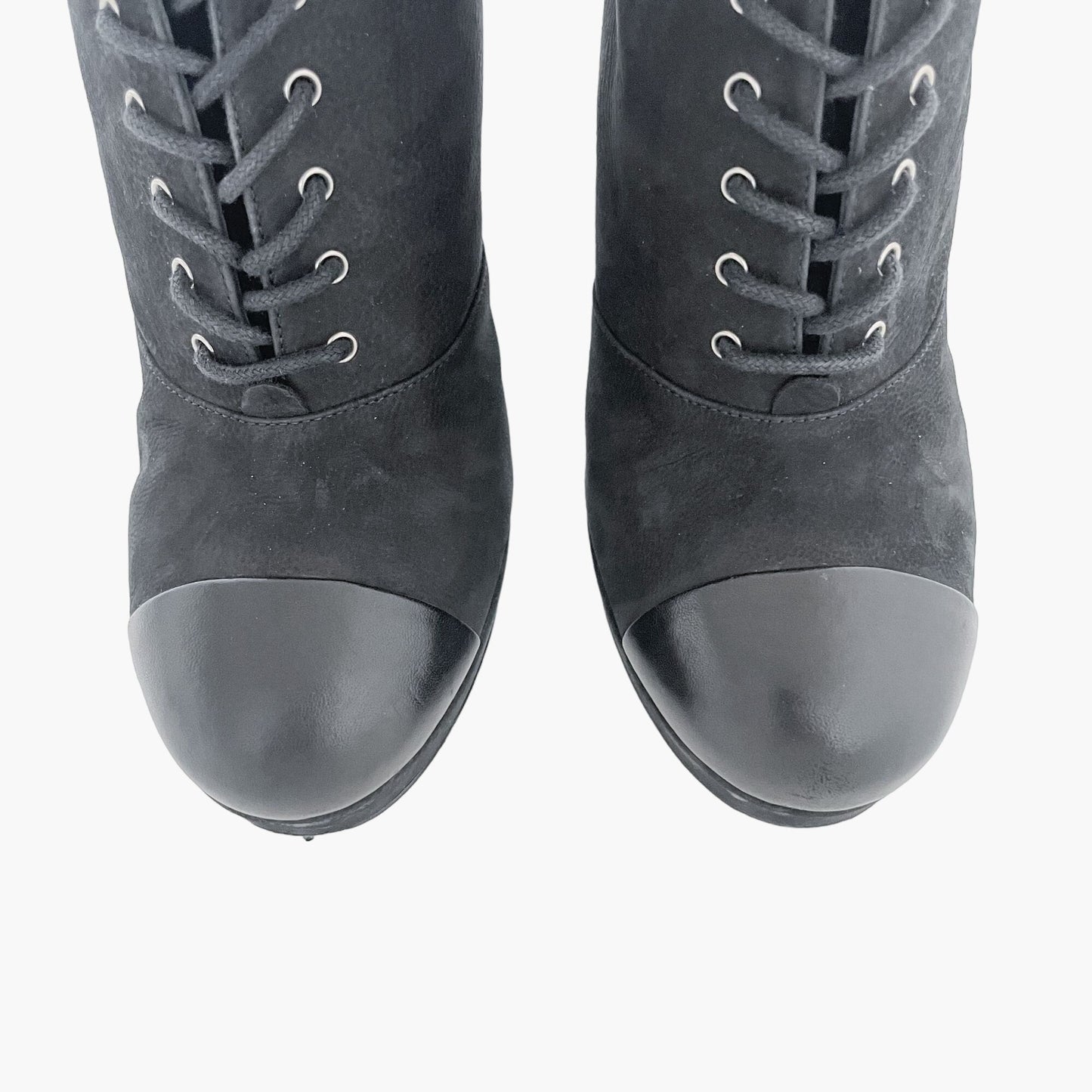 Chanel Lace-Up Ankle Booties in Black Suede Size 38.5