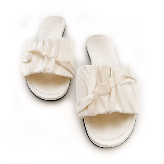 The Row Ellen Ruched Slide Sandals in Ivory Satin Size 38