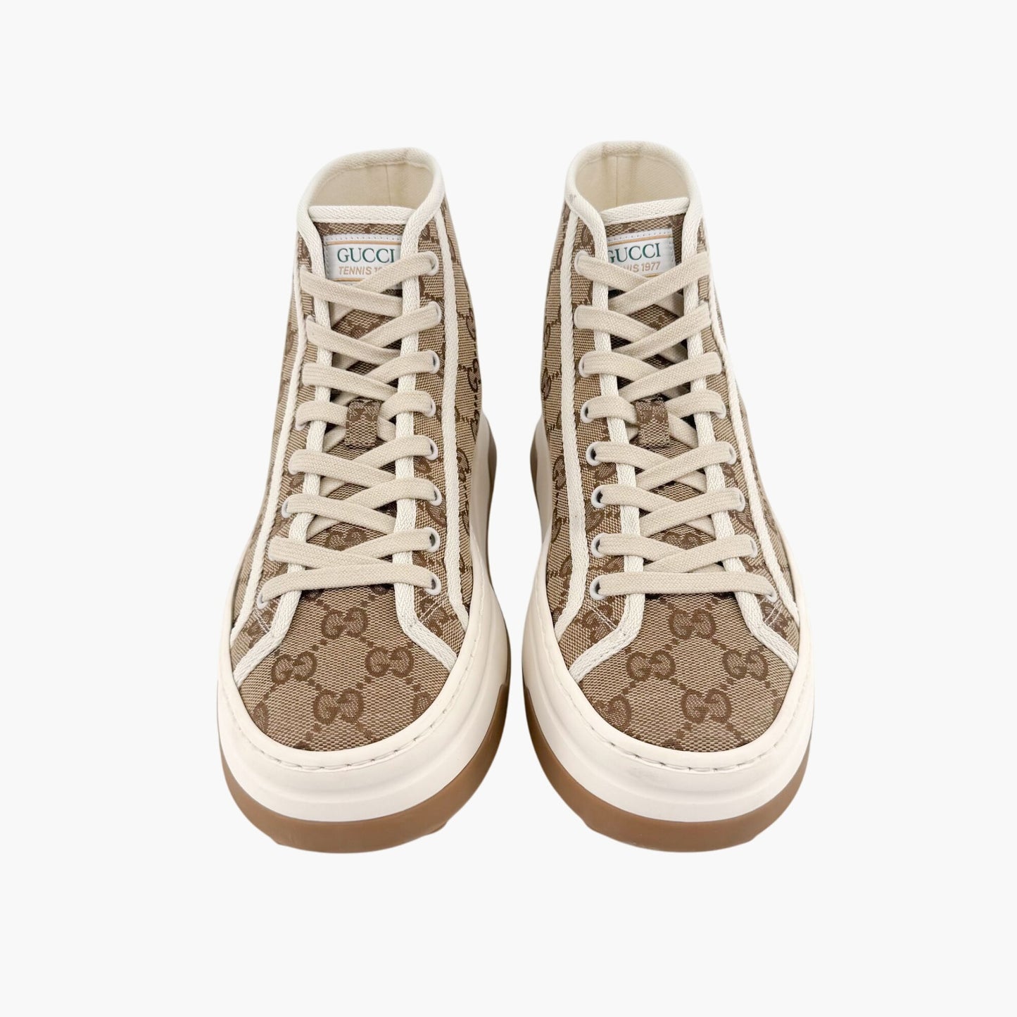 Gucci 1977 Tennis High Top Platform Sneakers in Beige GG Monogram Canvas Size 39