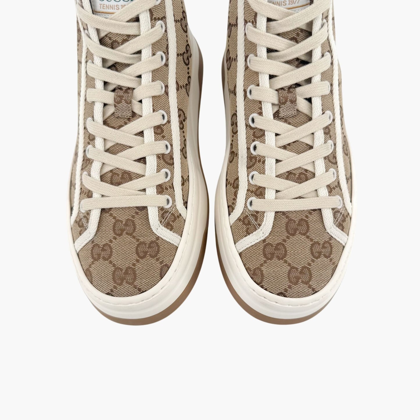 Gucci 1977 Tennis High Top Platform Sneakers in Beige GG Monogram Canvas Size 39