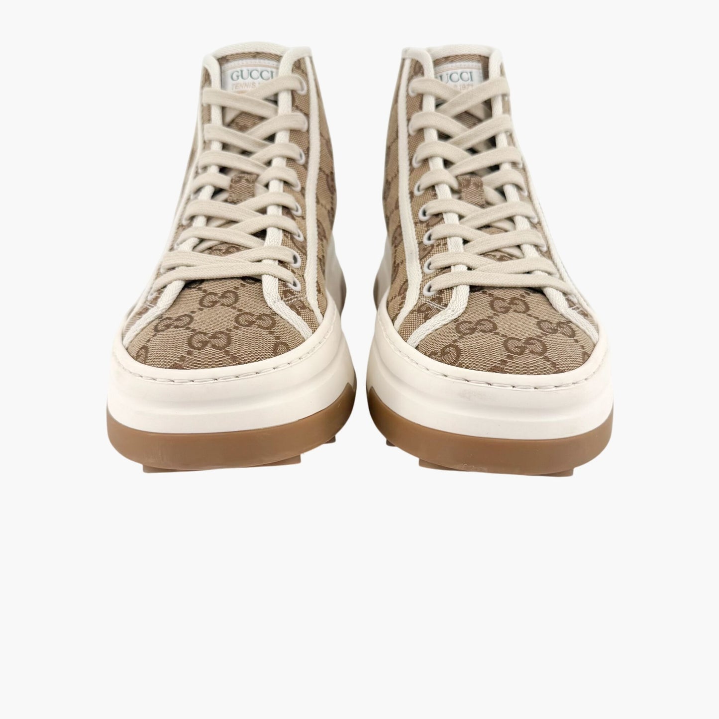 Gucci 1977 Tennis High Top Platform Sneakers in Beige GG Monogram Canvas Size 39