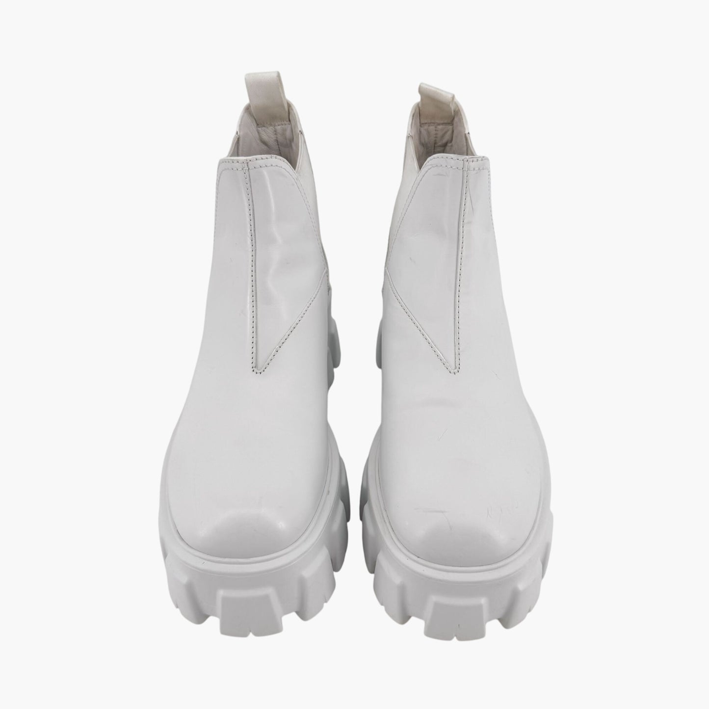 Prada Monolith Chelsea Boots in White Leather with Lug Soles – Size 37