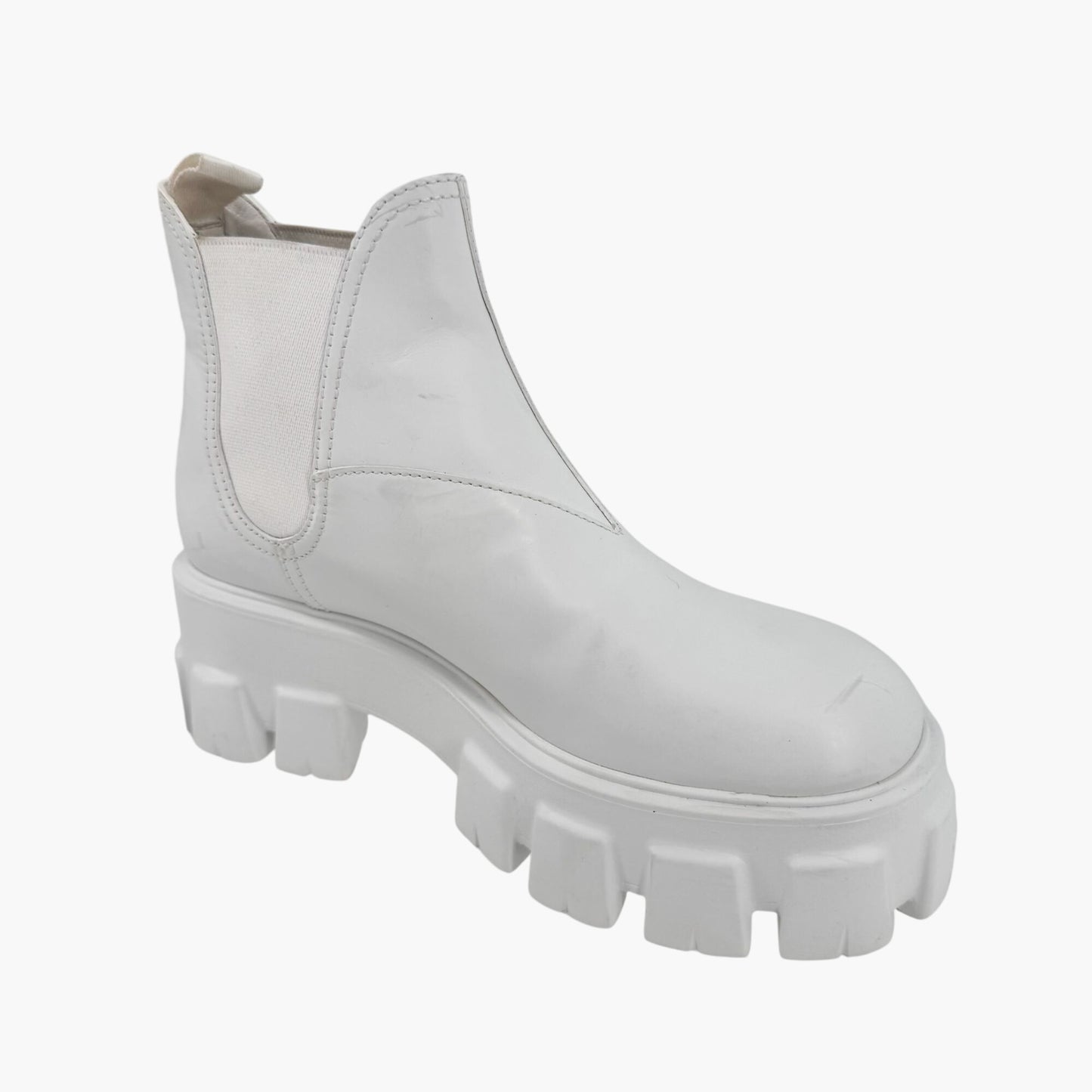Prada Monolith Chelsea Boots in White Leather with Lug Soles – Size 37