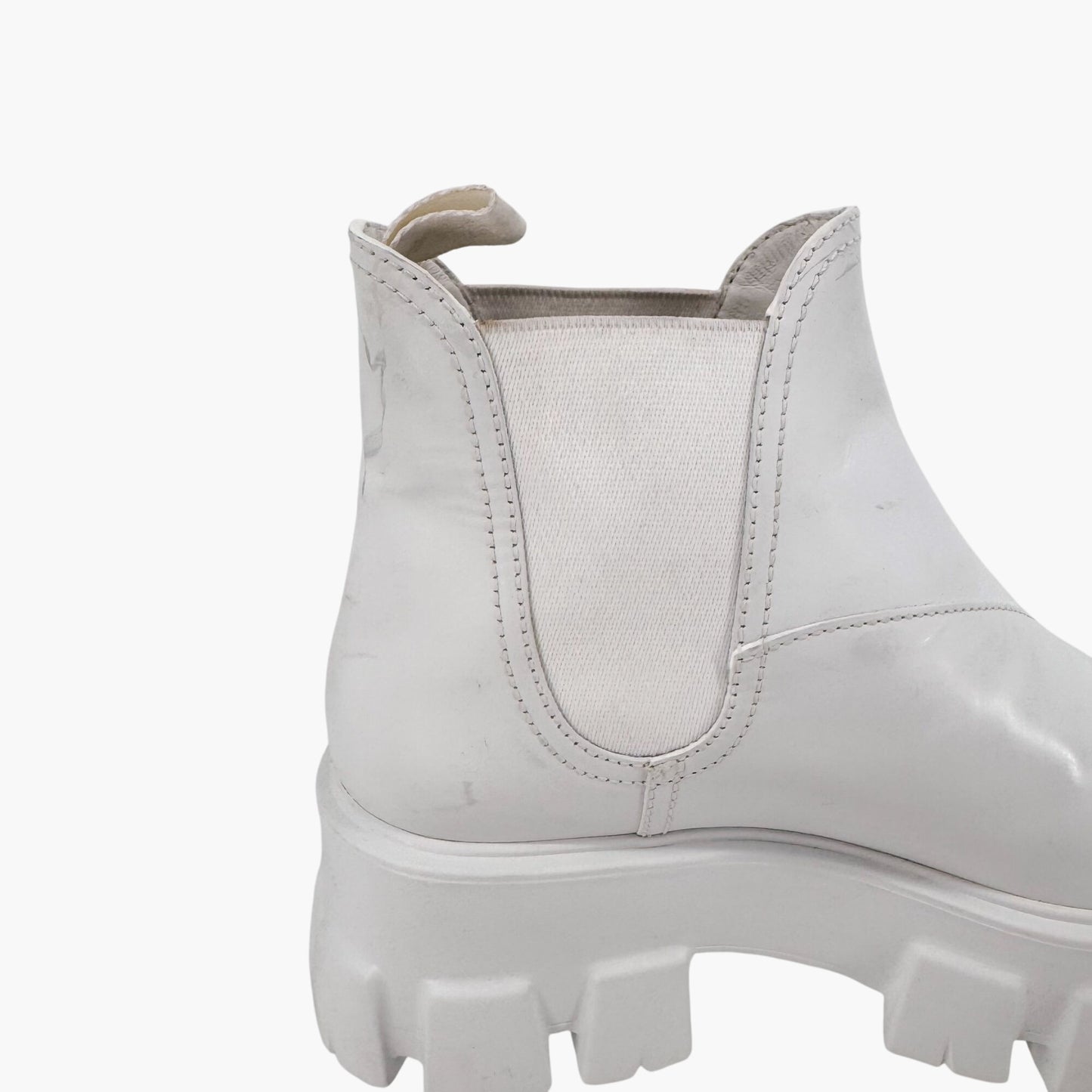 Prada Monolith Chelsea Boots in White Leather with Lug Soles – Size 37