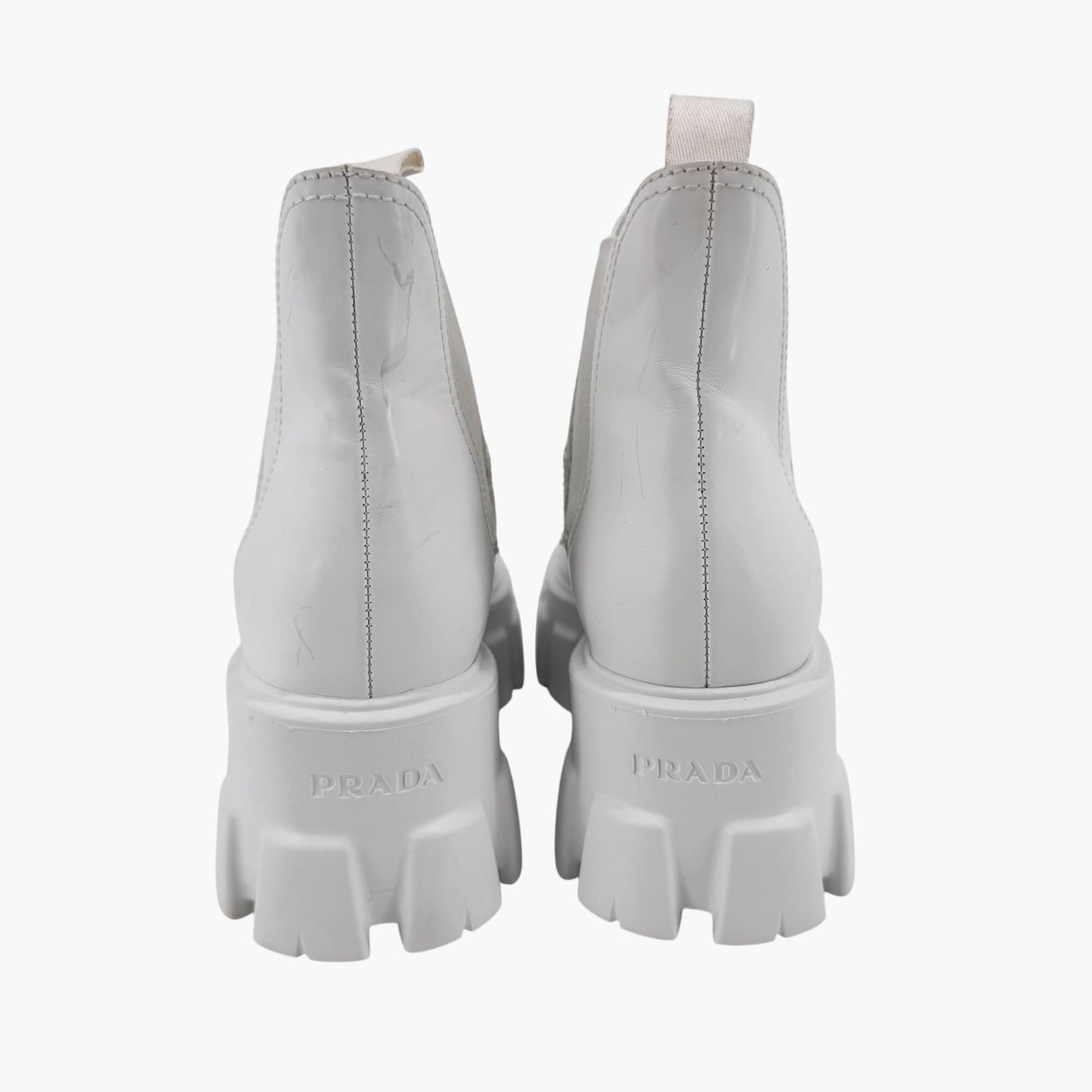 Prada Monolith Chelsea Boots in White Leather with Lug Soles – Size 37
